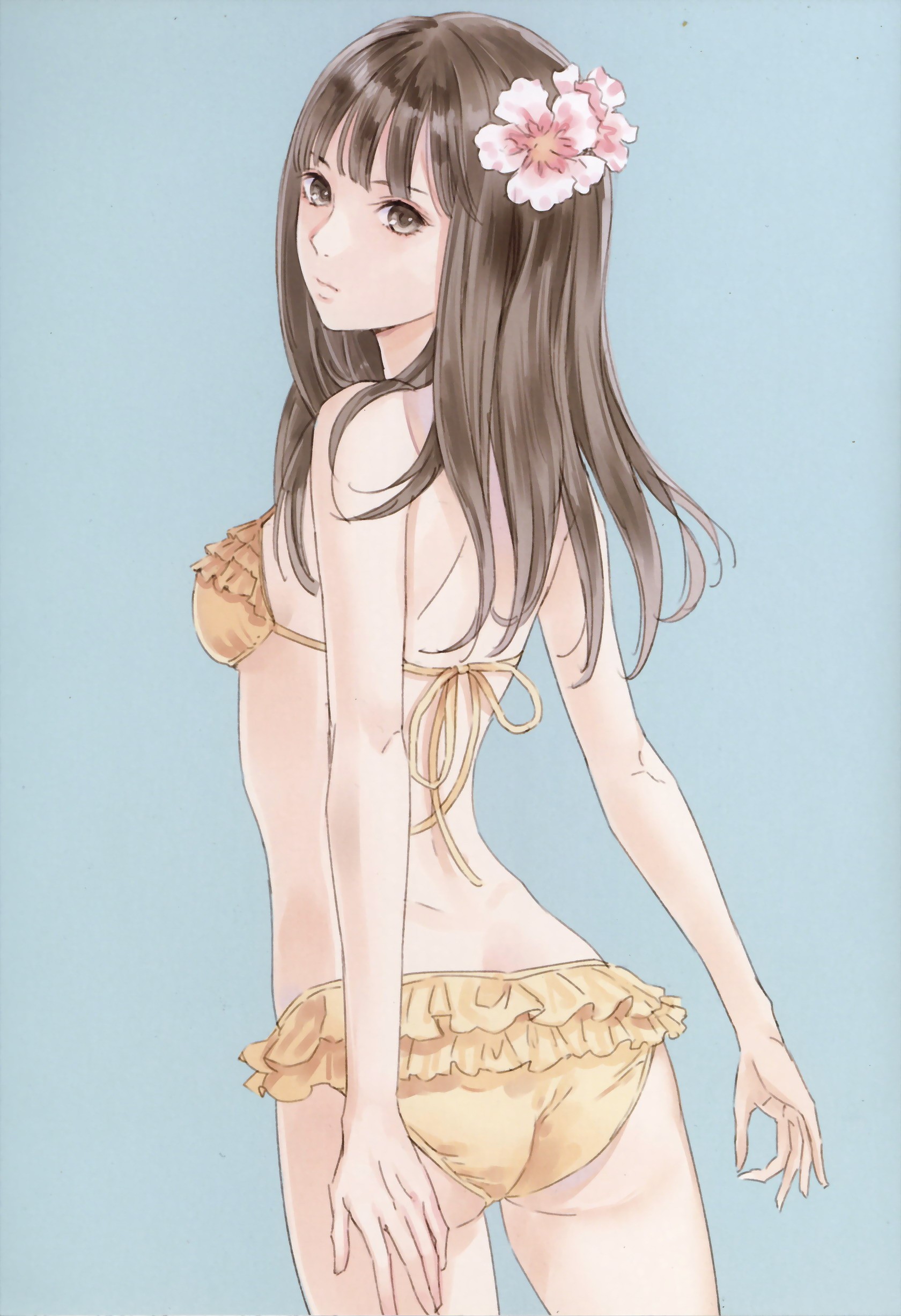 Anime 1680x2453 Kishida Mel bikini ass flower in hair anime girls anime blue background brunette