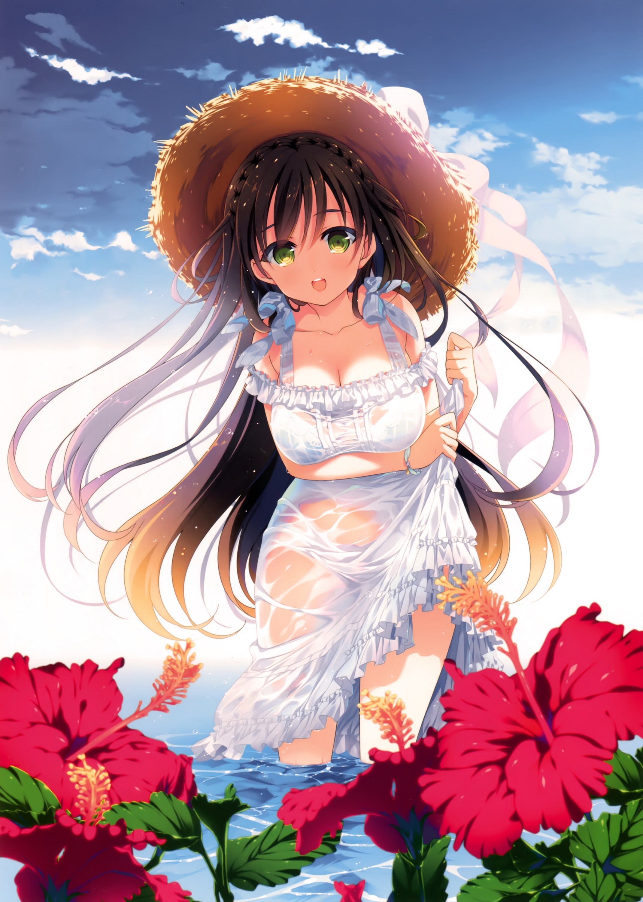 Anime 2141x3000 anime anime girls long hair bra dress wet wet clothing green eyes brunette open shirt flowers sun dress