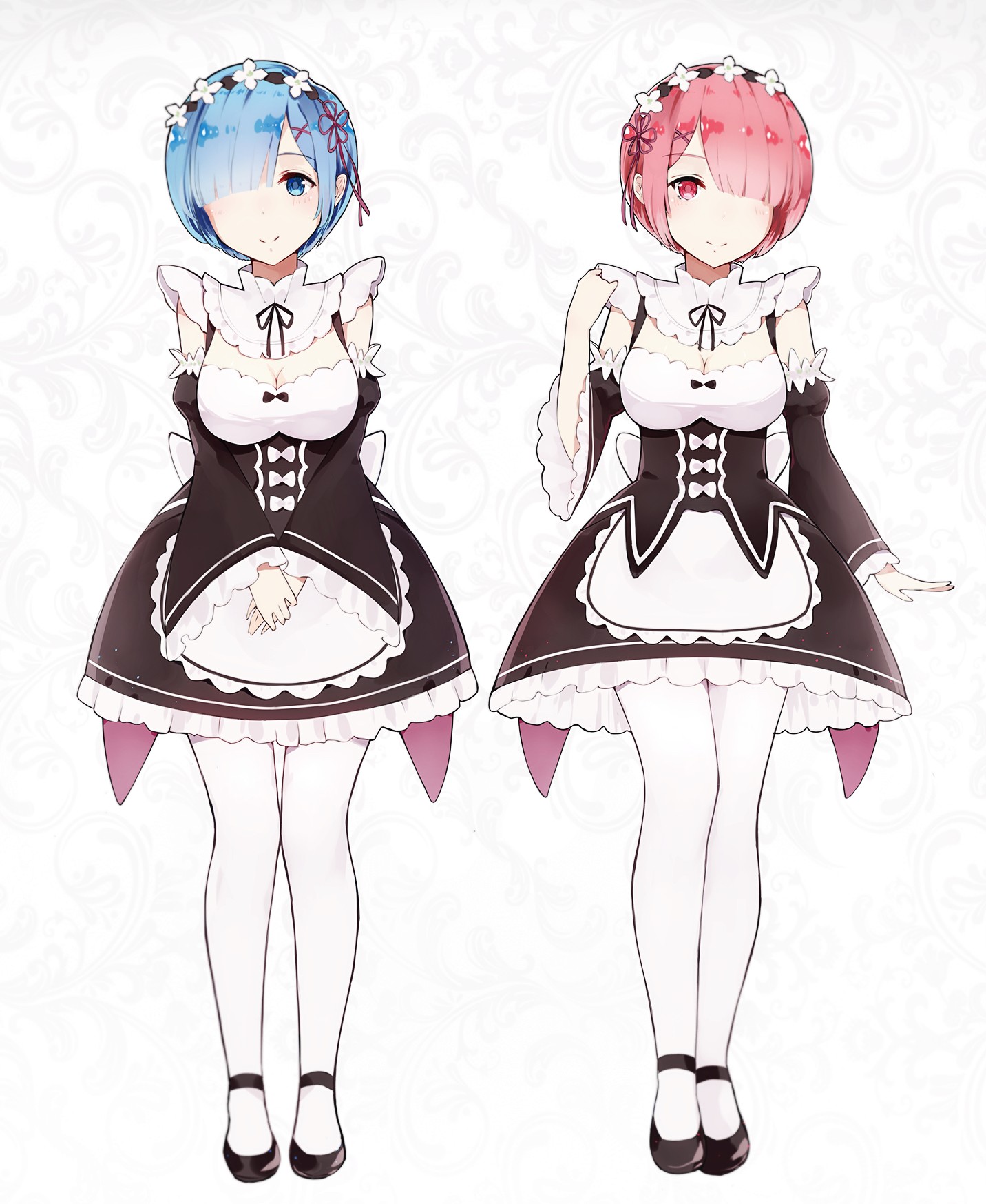 Anime 1432x1747 Re:Zero Kara Hajimeru Isekai Seikatsu Rem (Re:Zero) Ram (Re: Zero) white background maid outfit cleavage pantyhose
