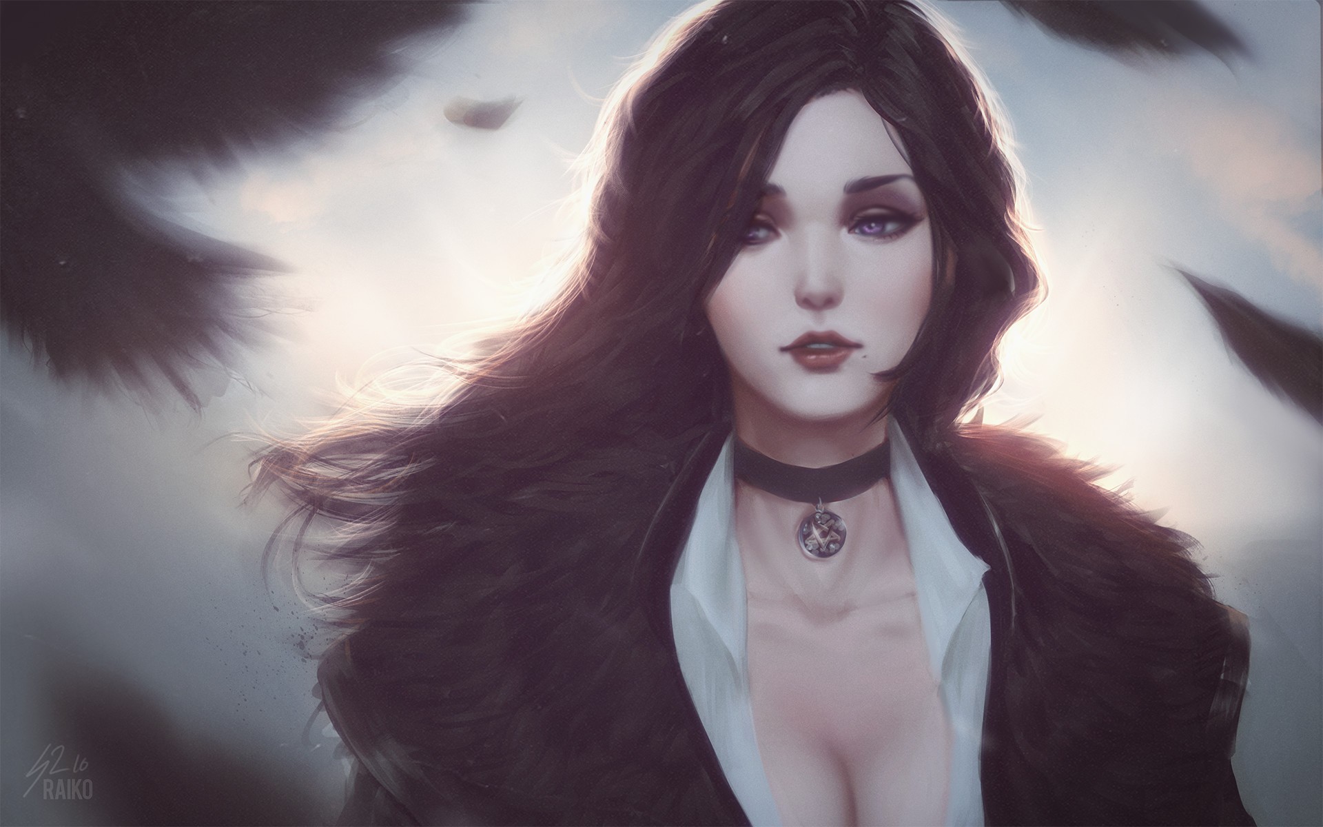 General 1920x1200 fan art portrait The Witcher 3: Wild Hunt dark hair Yennefer of Vengerberg The Witcher cleavage crow digital art video games watermarked