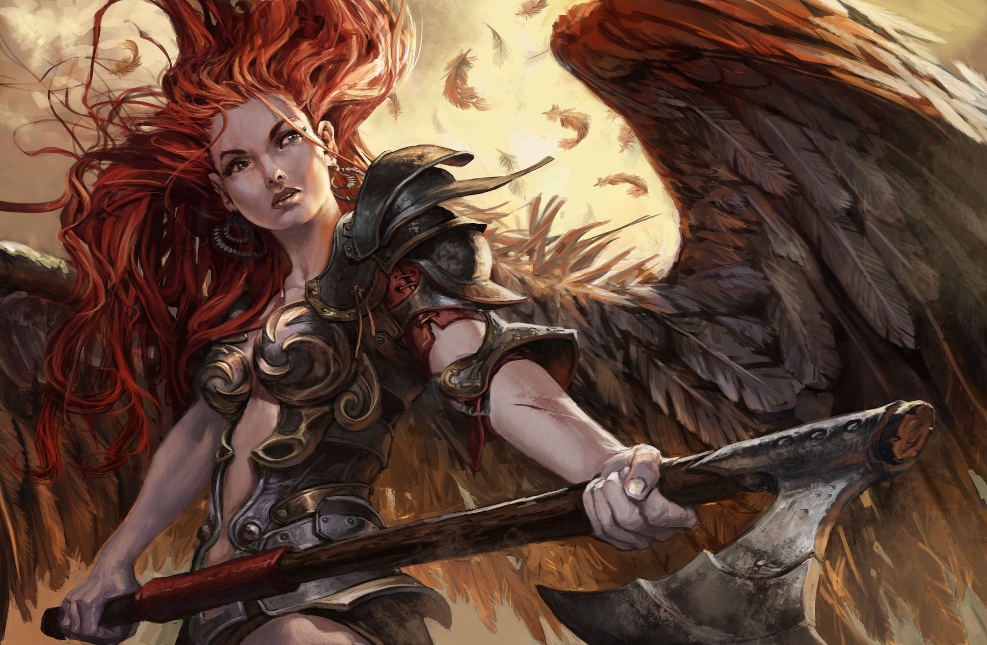 General 1920x1254 warrior angel fantasy art axes redhead armor wings figure-hugging armor low-angle