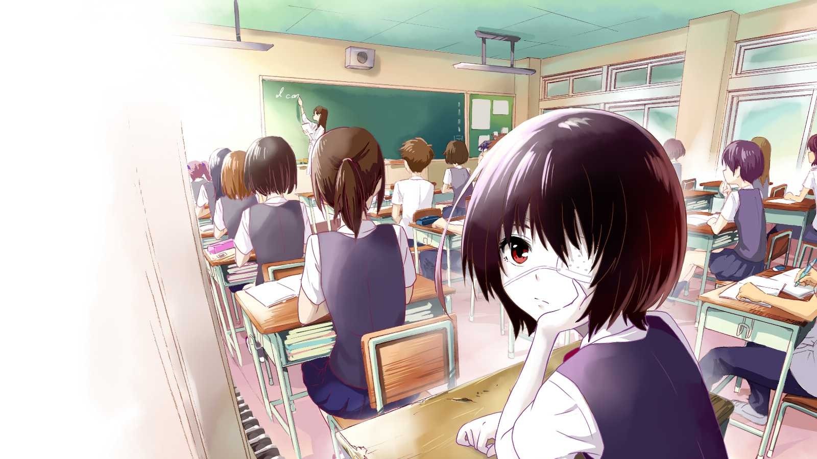Anime 1600x900 Another Misaki Mei anime girls 2D JK school uniform black hair short hair red eyes pale fan art eyepatches classroom