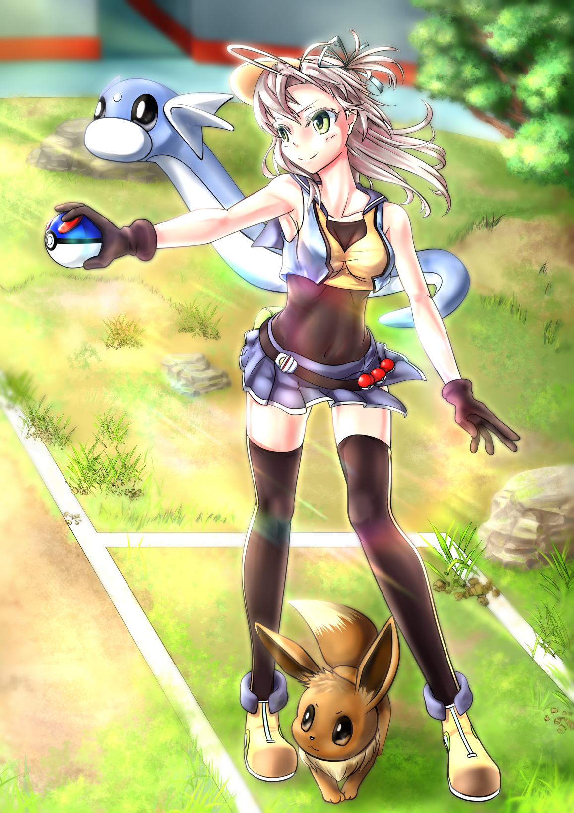 Anime 1157x1637 anime anime girls Pokémon Pokémon Go Pokémon trainers long hair gray hair skirt stockings