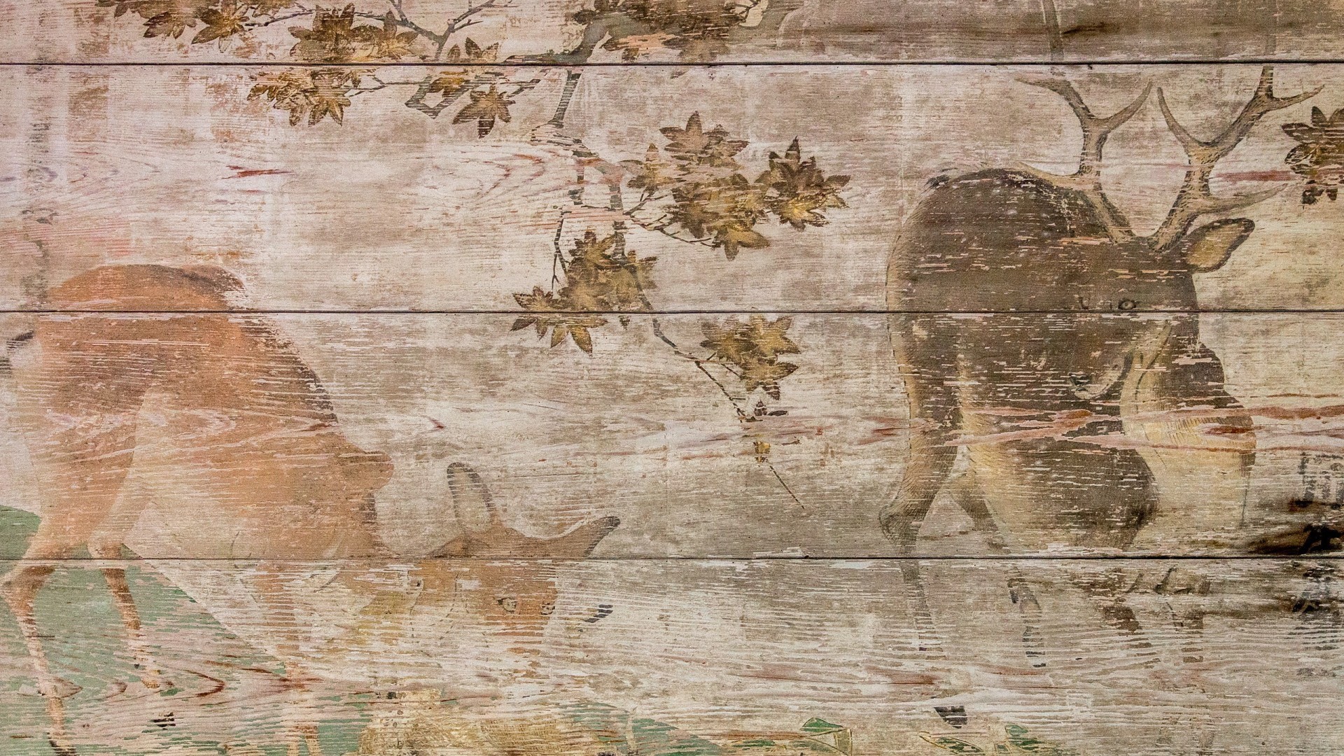 General 1920x1080 nature wooden surface leaves digital art branch painting animals planks deer wood beige