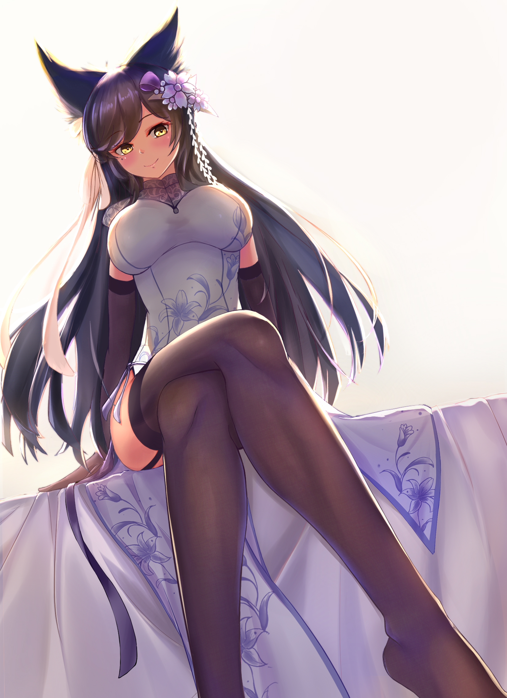 Anime 1653x2275 boobs cleavage white background Azur Lane animal ears Atago (Azur Lane) Chinese dress stockings thigh-highs