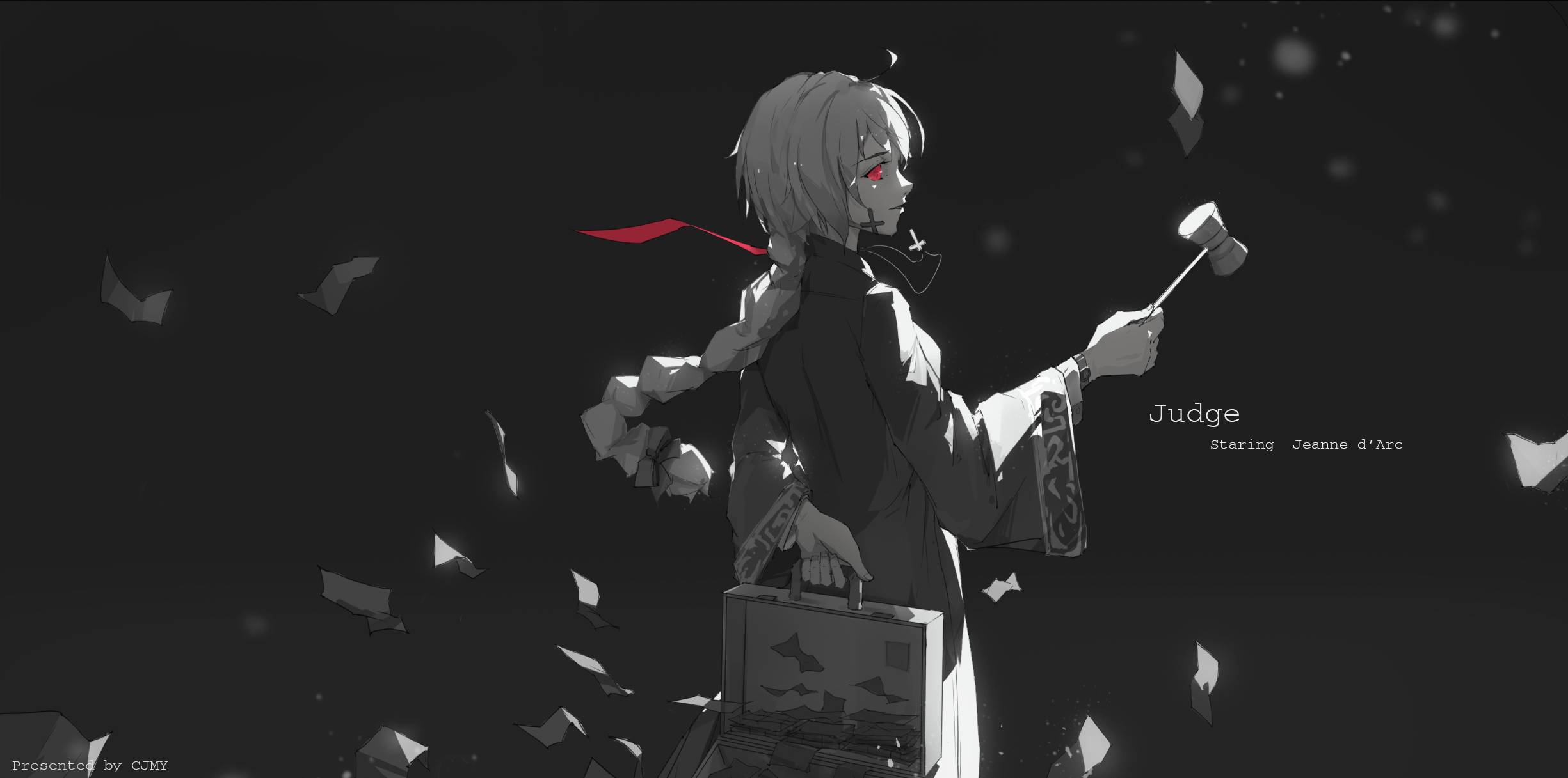 Anime 2450x1217 Fate/Grand Order Fate series Ruler (Fate/Grand Order) anime girls monochrome red eyes cross long hair video games Jeanne d'Arc (Fate)