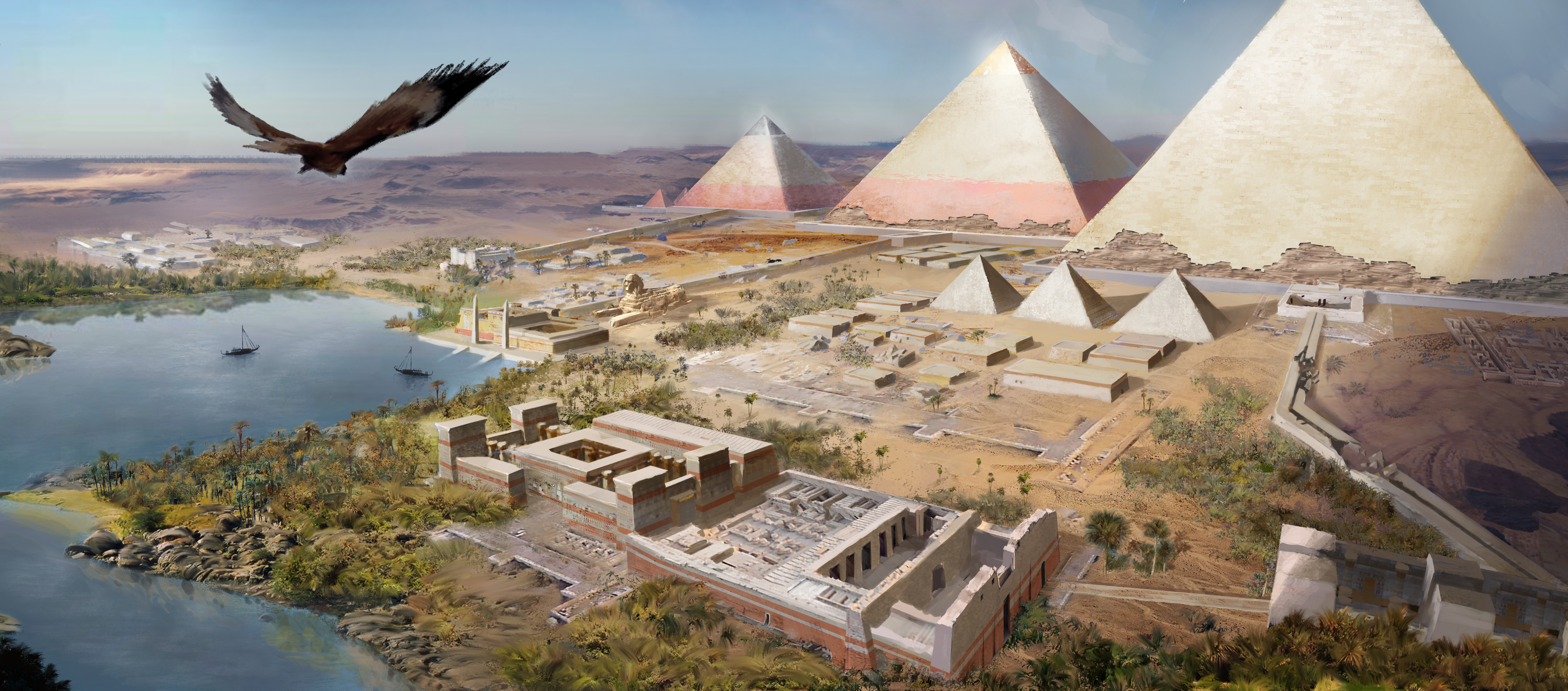 General 5479x2416 Assassin's Creed: Origins video games artwork Assassin's Creed Egypt landscape Pyramids of Giza eagle Ubisoft PC gaming pyramid digital art