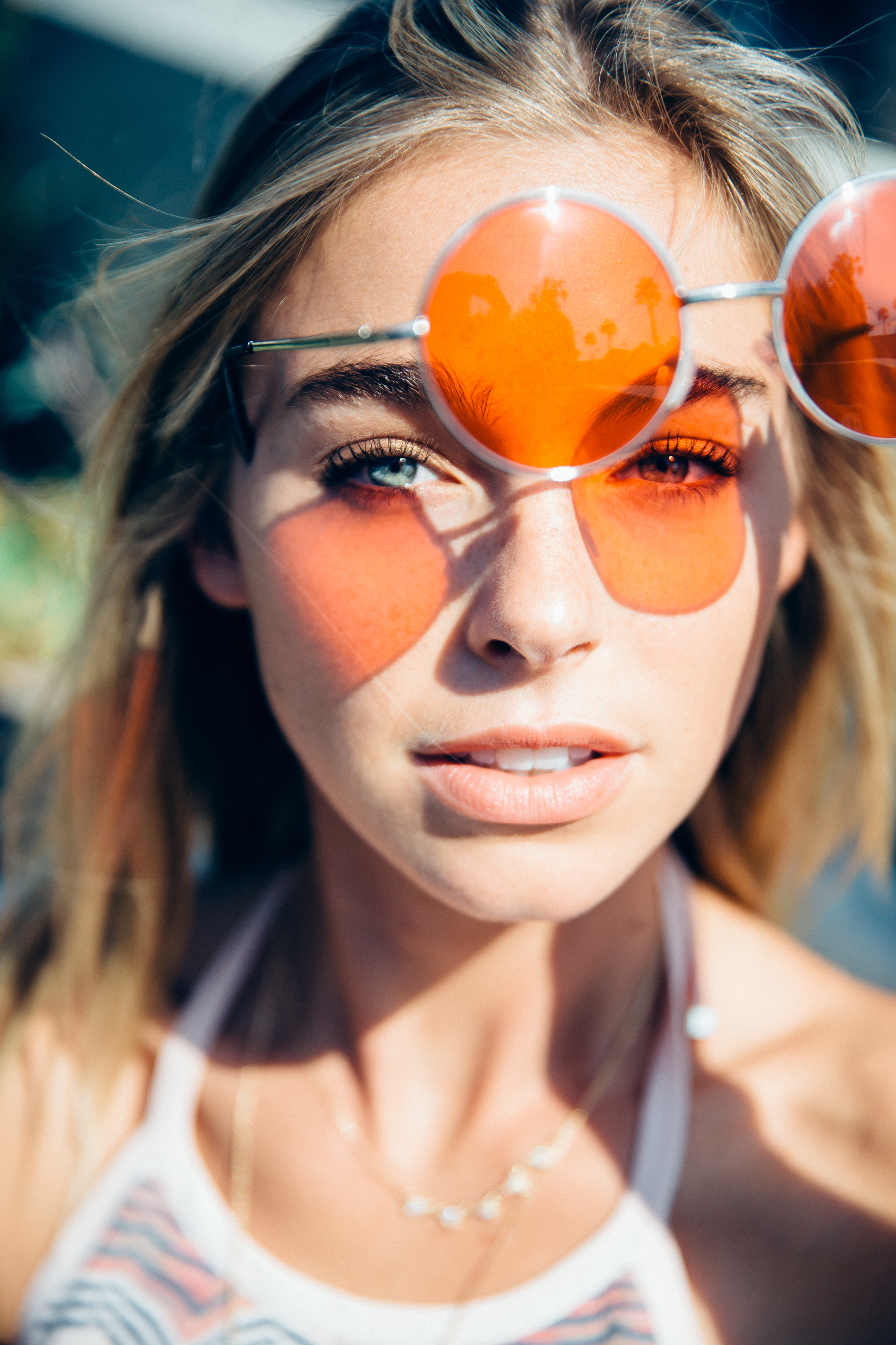 People 2500x3750 Elizabeth Turner women outdoors model looking at viewer sunglasses blue eyes reflection freckles women outdoors lips teeth open mouth