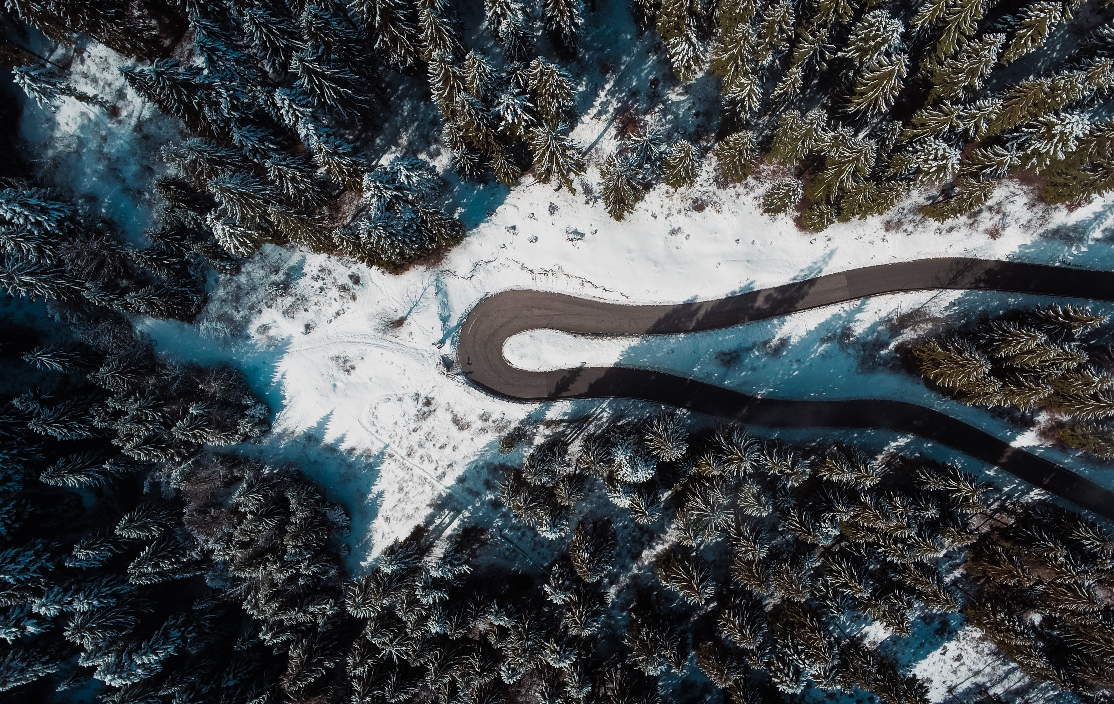 General 3559x2250 snow forest road shadow sunrise aerial view