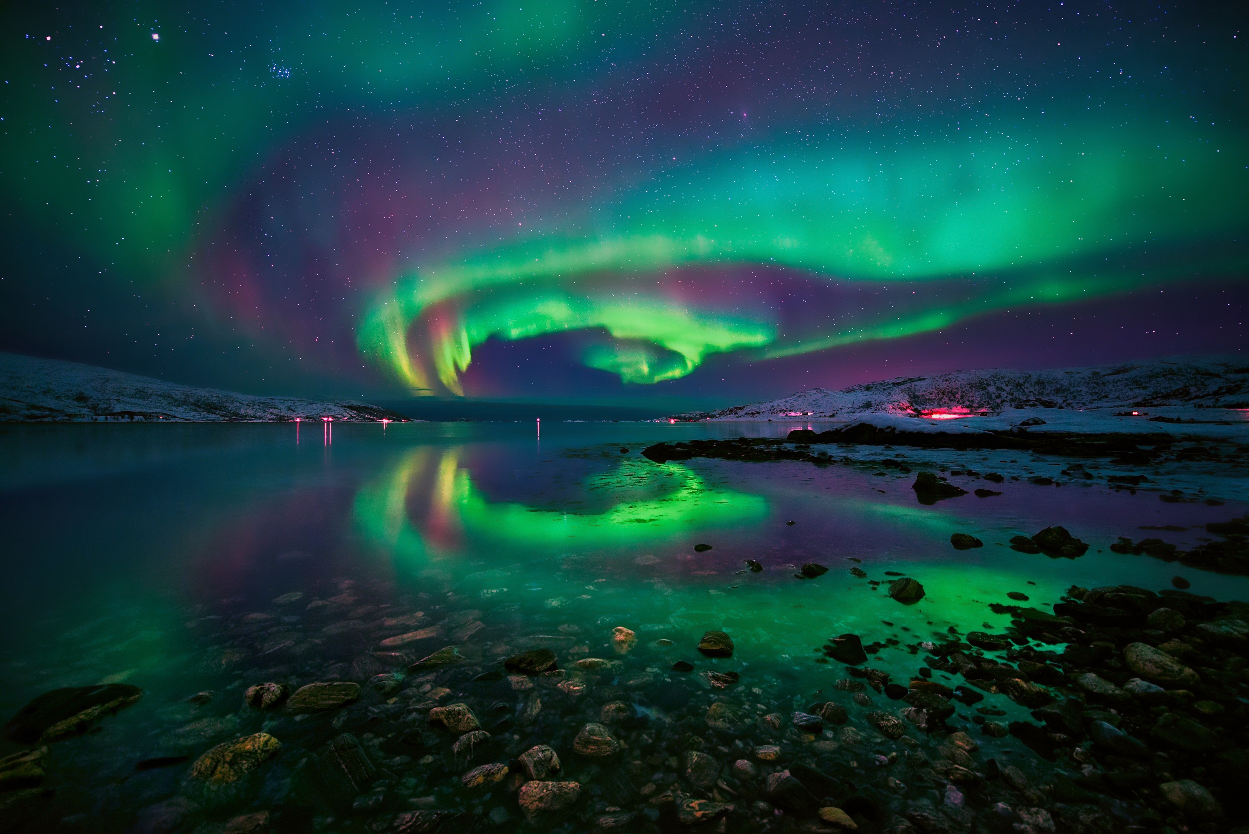 General 2500x1669 nature landscape water stones night aurorae Norway sky stars green snow lake low light
