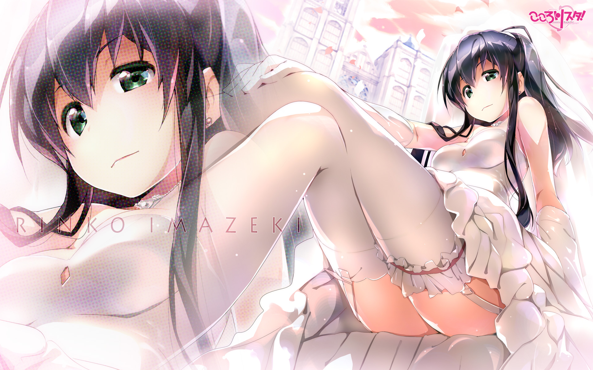 Anime 1920x1200 white dress black hair legs stockings anime girls anime thigh-highs green eyes artwork Akata Itsuki