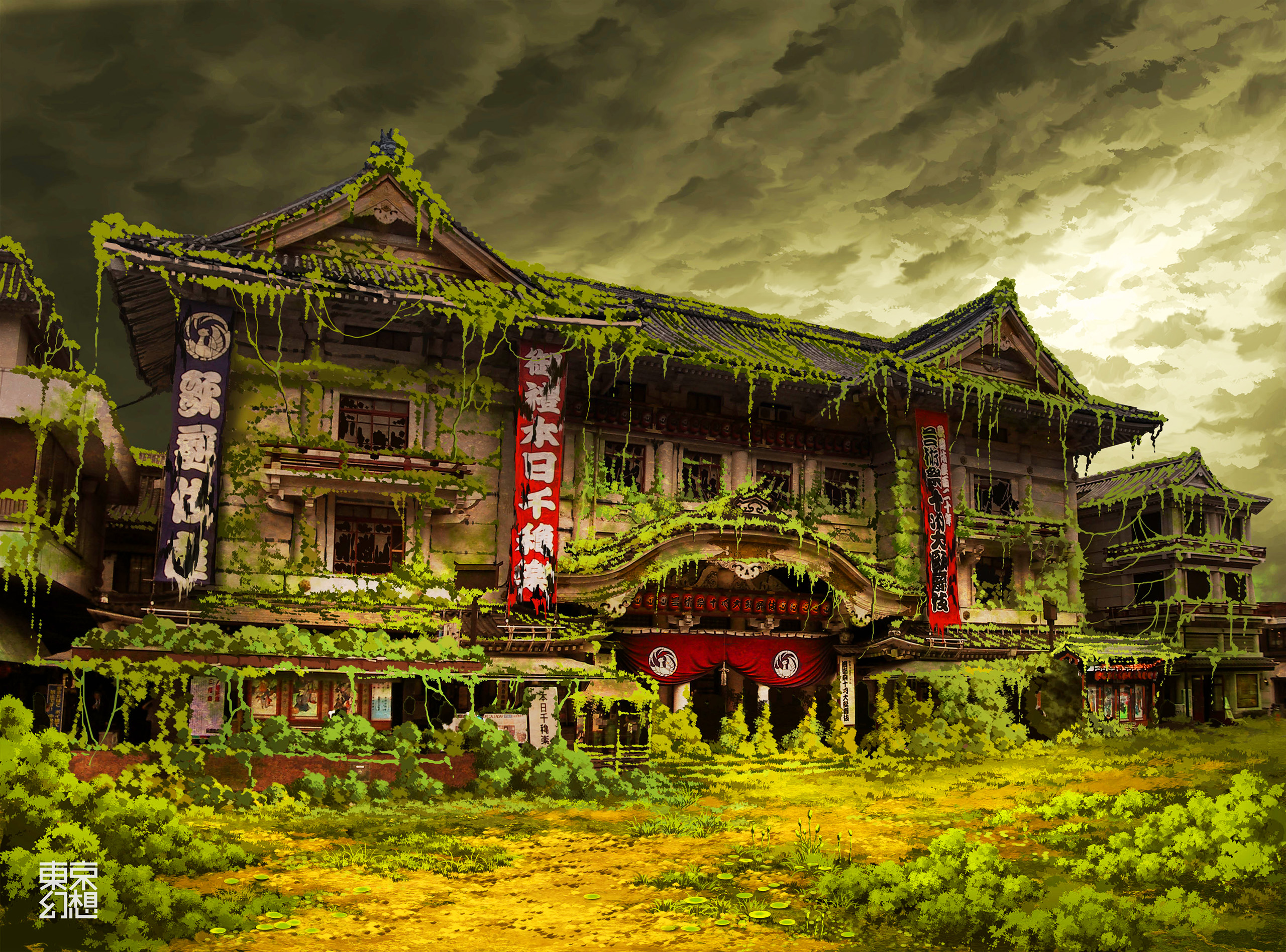 Anime 2560x1895 Japanese temple overgrown
