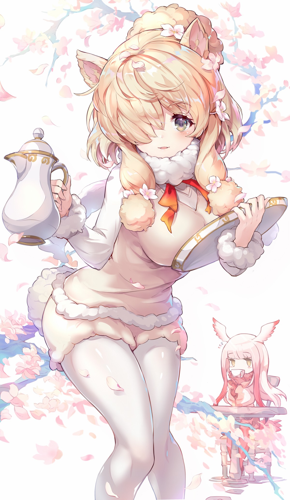 Anime 1200x2067 animal ears Kemono Friends pantyhose tail white background portrait display boobs on plate blonde one eye obstructed cherry blossom