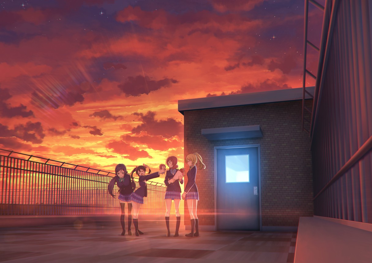Anime 1215x859 Love Live! anime girls Ayase Eli Yazawa Nico Nishikino Maki Toujou Nozomi sky sunlight miniskirt