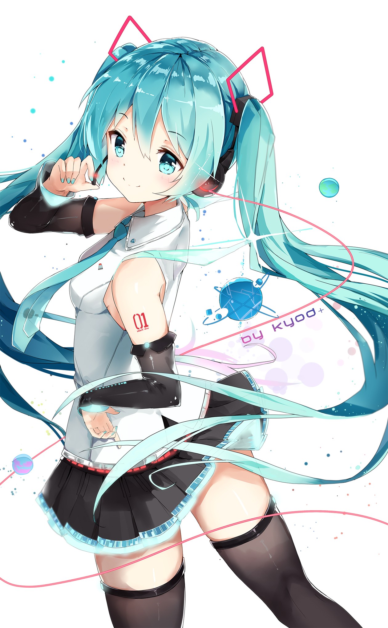Anime 1260x2039 anime anime girls Vocaloid Hatsune Miku headphones tattoo long hair cyan hair skirt black skirts stockings black stockings smiling cyan nails painted nails looking at viewer tie Pixiv white background