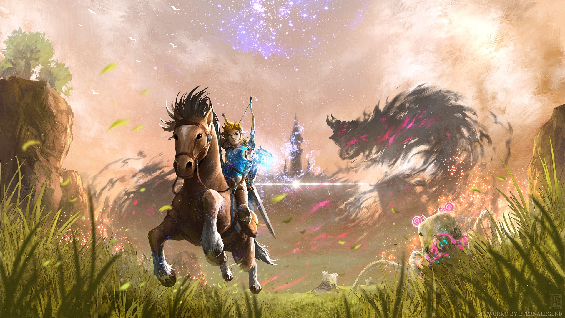 Anime 1920x1080 The Legend of Zelda Nintendo Link video games The Legend of Zelda: Breath of the Wild watermarked Video Game Heroes bow and arrow video game art