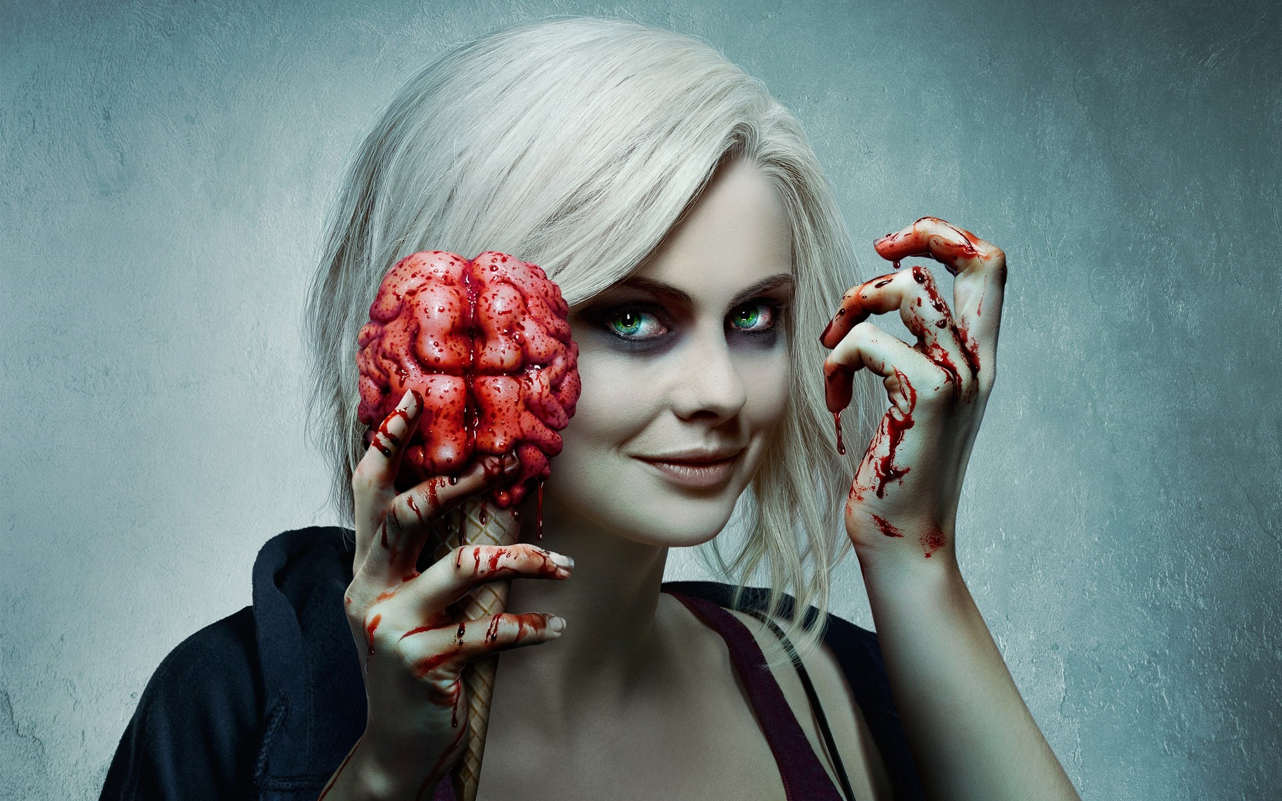 People 2560x1600 Rose McIver horror green eyes New Zealand Women iZombie (tv show) TV series brain zombies undead blood gore looking at viewer white hair promotional women