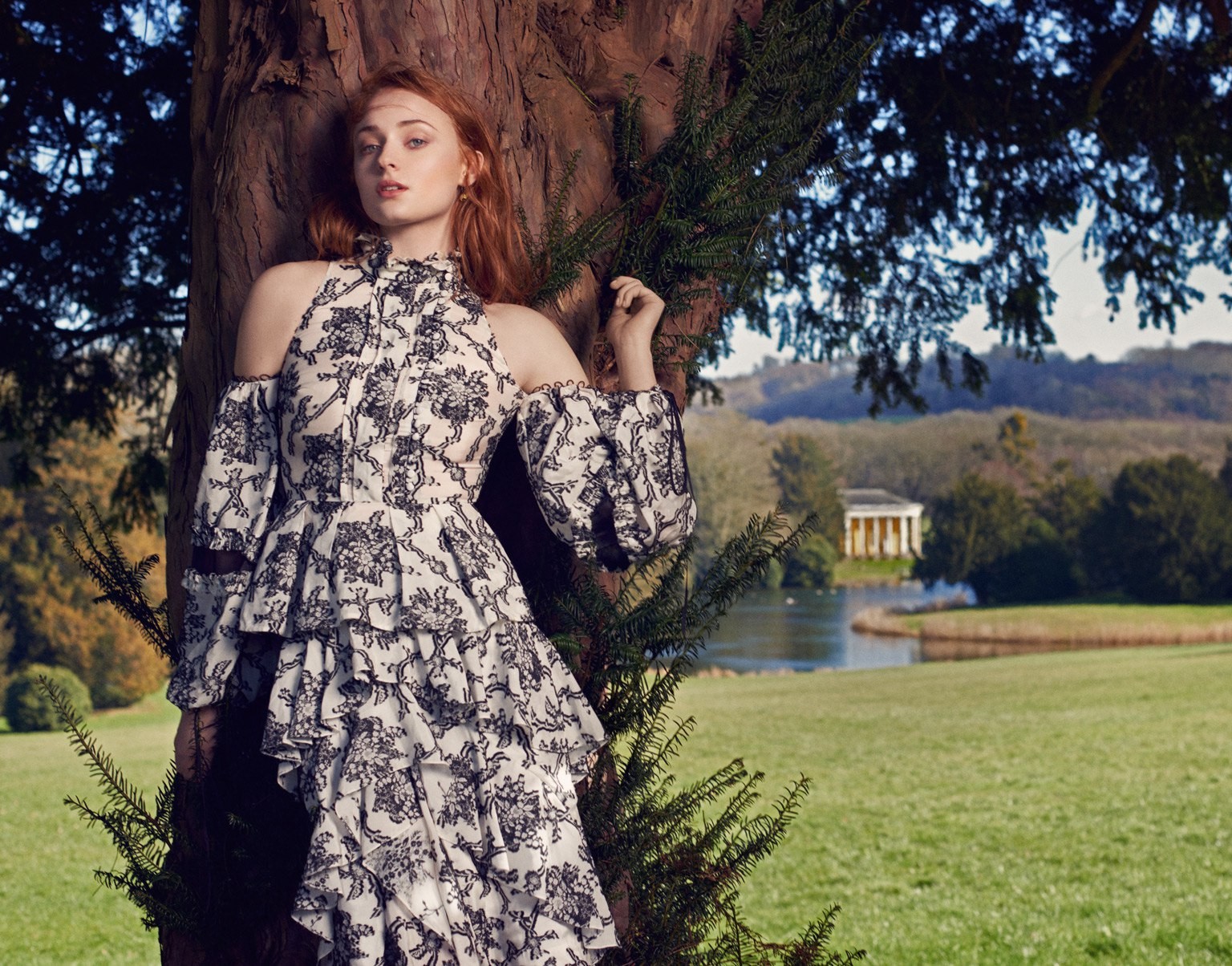 People 1536x1204 actress women redhead Sophie Turner looking at viewer trees park women outdoors British women outdoors dress standing