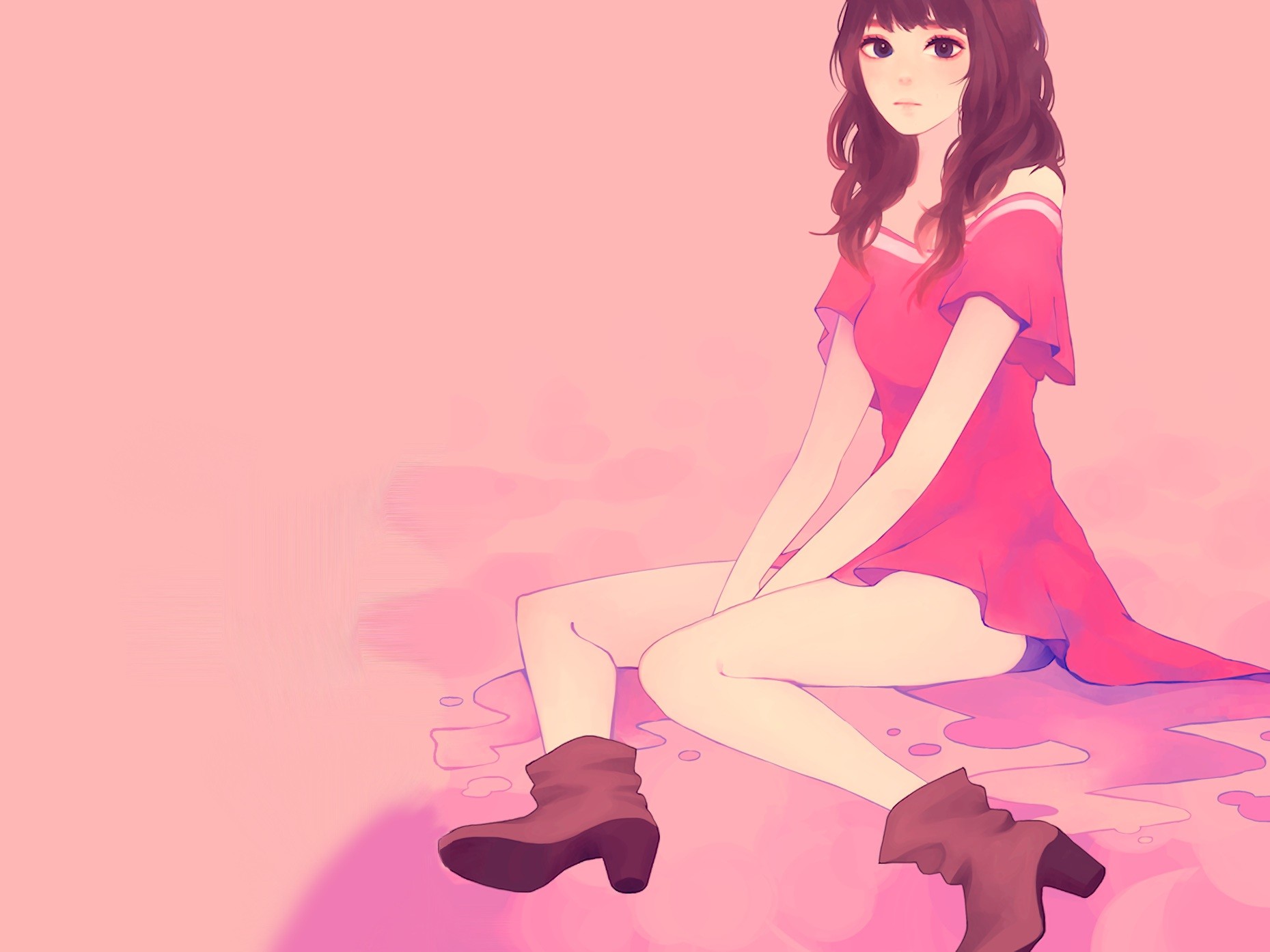Anime 1859x1394 anime anime girls boots brunette brown eyes dress legs women simple background sitting long hair looking at viewer