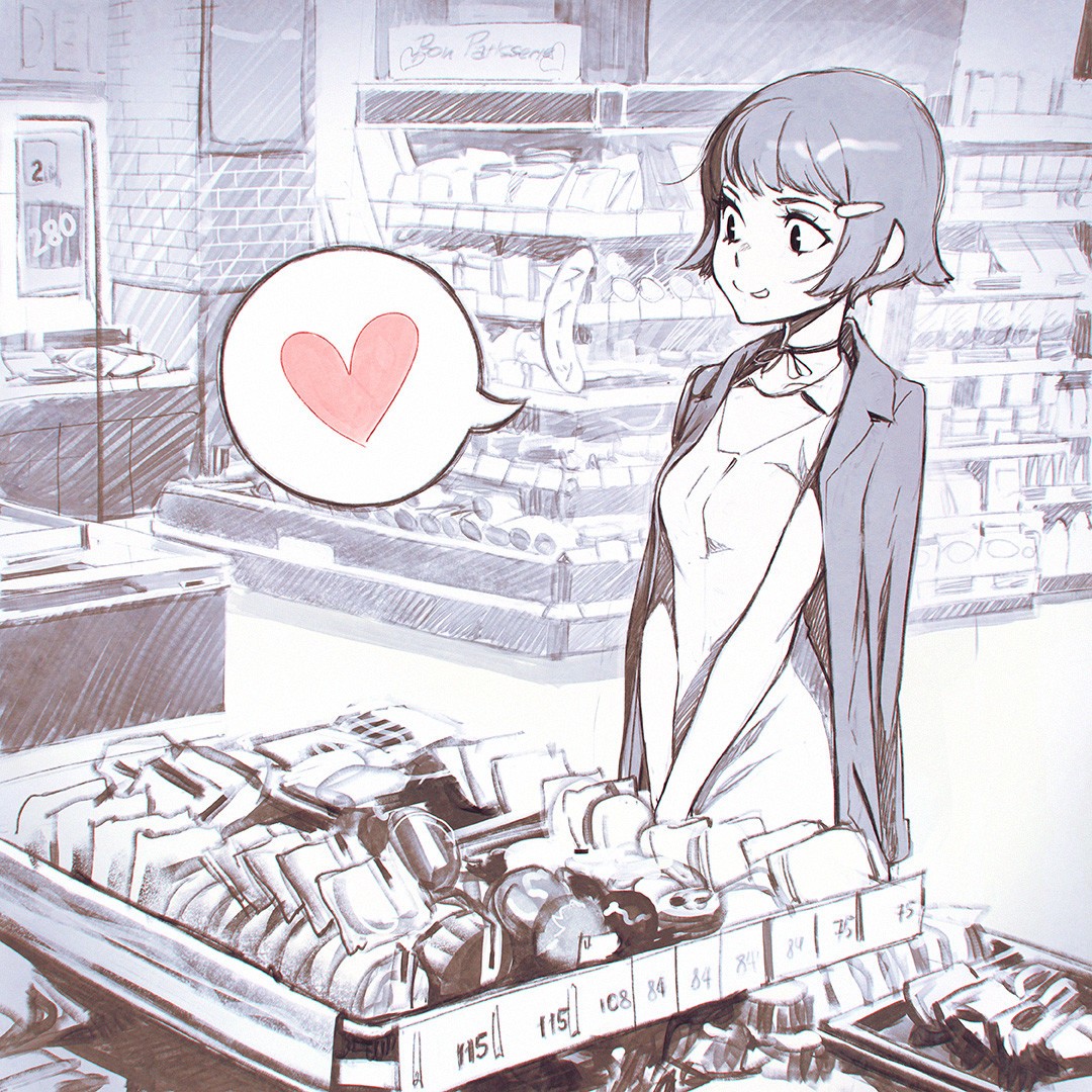 Anime 1080x1080 stores food anime girls Ilya Kuvshinov heart (design) selective coloring supermarket tongues tongue out anime speech bubble