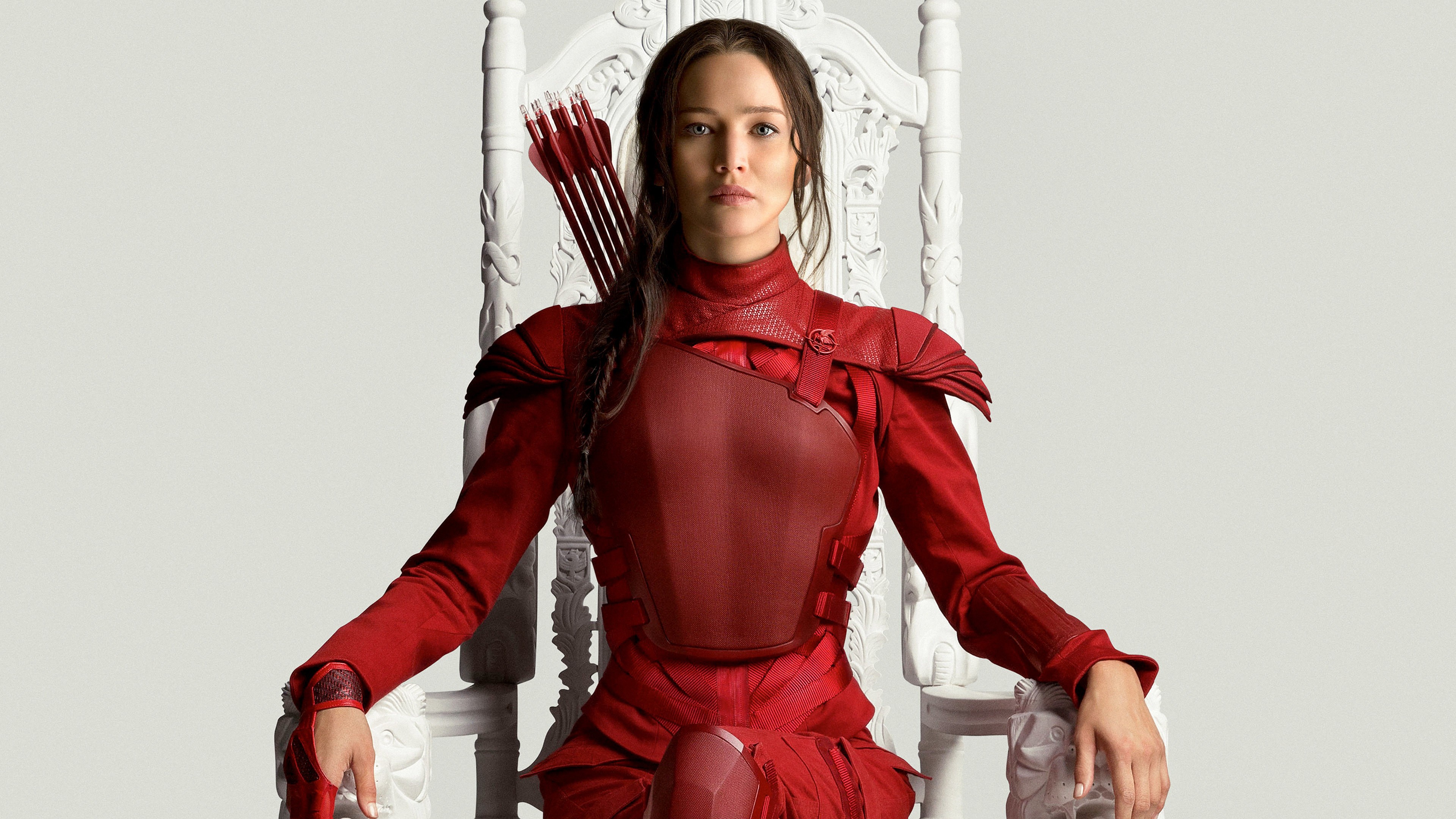 People 3840x2160 movies The Hunger Games: Mockingjay - Part 2 celebrity Jennifer Lawrence photoshopped American women Katniss Everdeen women actress throne sitting arrows red clothing looking at viewer The Hunger Games