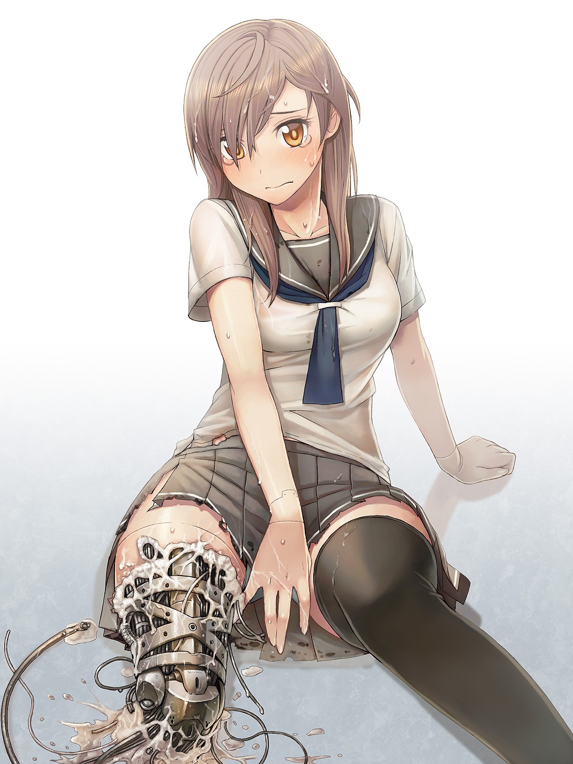 Anime 1125x1500 anime girls long hair school uniform androids cyborg thighs black stockings big boobs JK embarrassed wet body wet clothing white panties simple background 2D original characters brown eyes brunette looking at viewer zettai ryouiki machine futuristic painful Pixiv anime