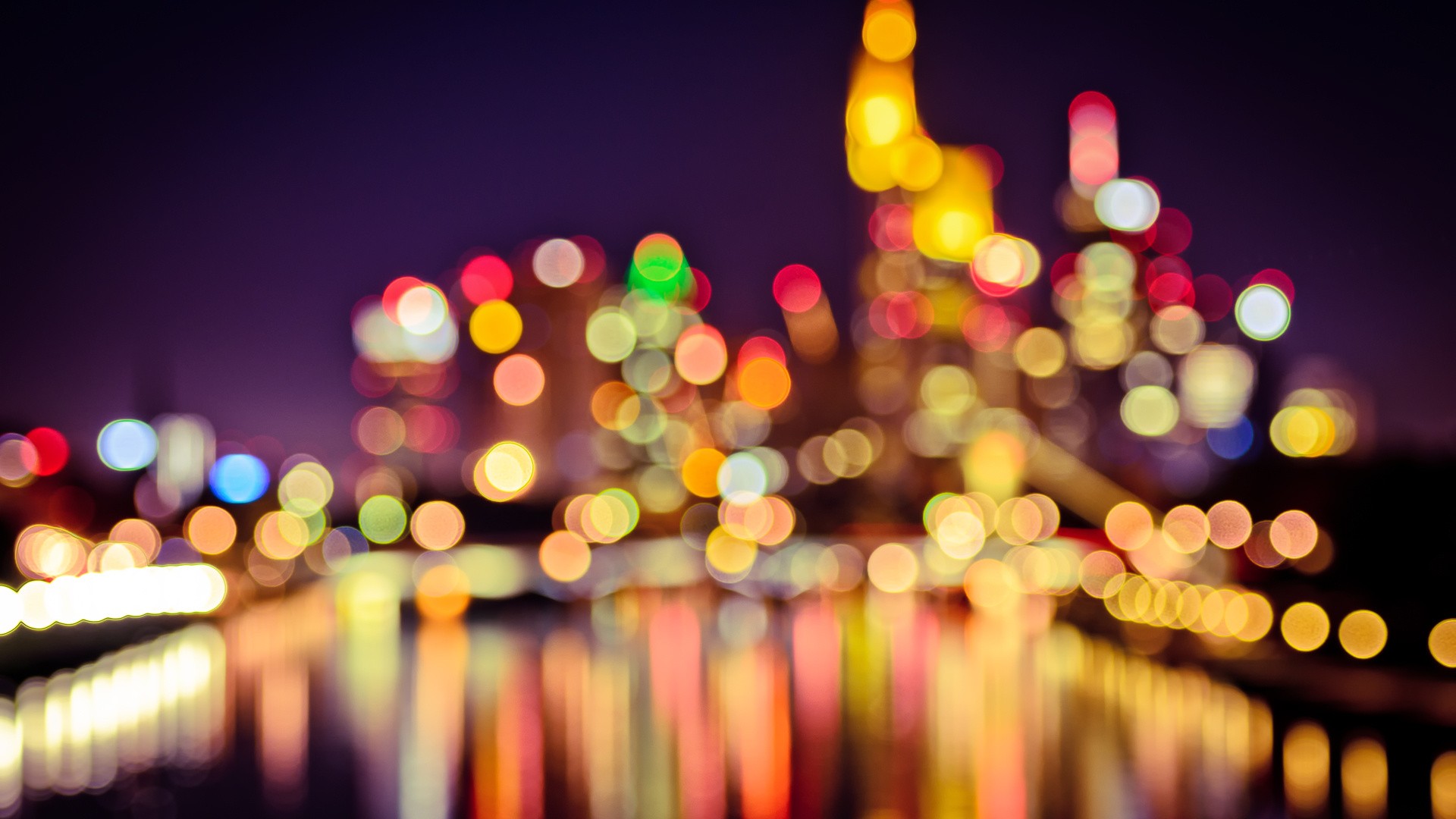 General 1920x1080 night bokeh Frankfurt Germany cityscape building blurred reflection water colorful circle low light