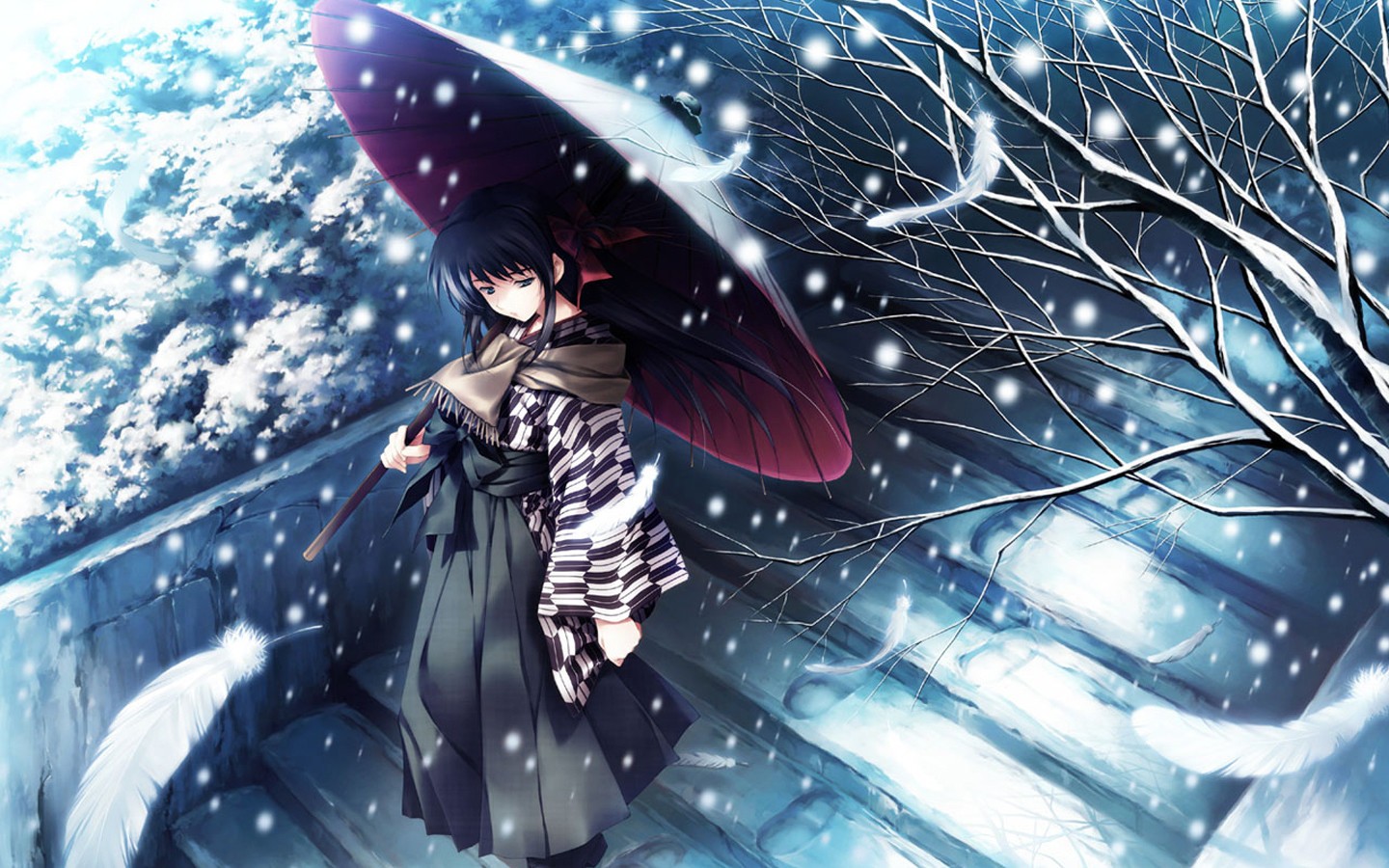 Anime 1440x900 anime anime girls umbrella snow winter cyan Sugina Miki women with umbrella black hair women outdoors looking away cold outdoors dress