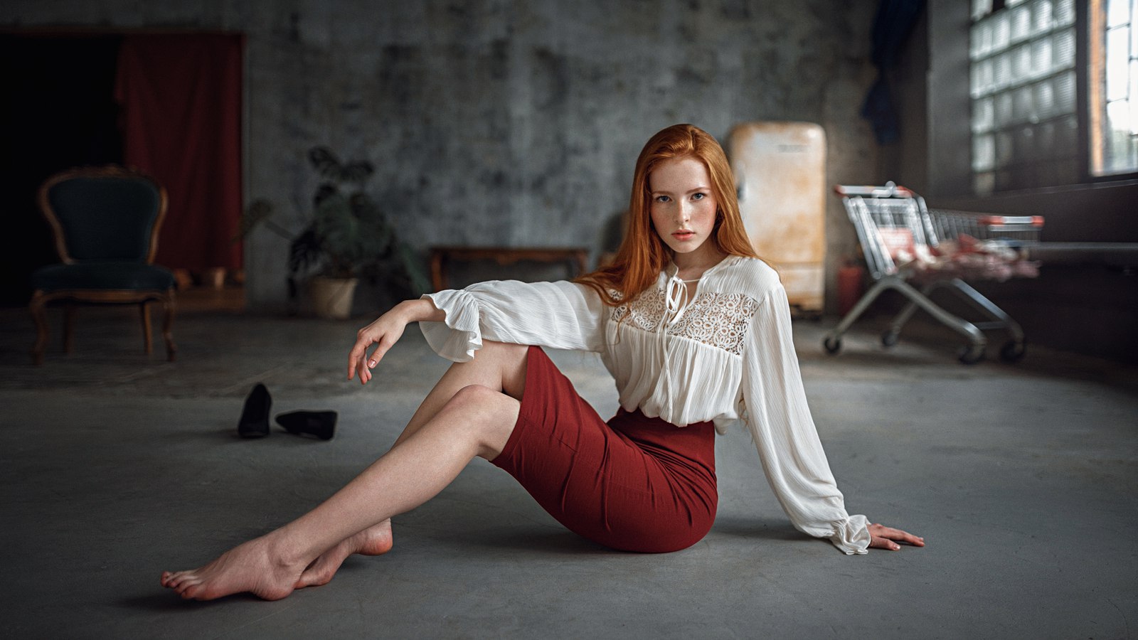 People 1600x900 women redhead hips legs skirt freckles on the floor pale white tops feet Katya Voronina Georgy Chernyadyev barefoot