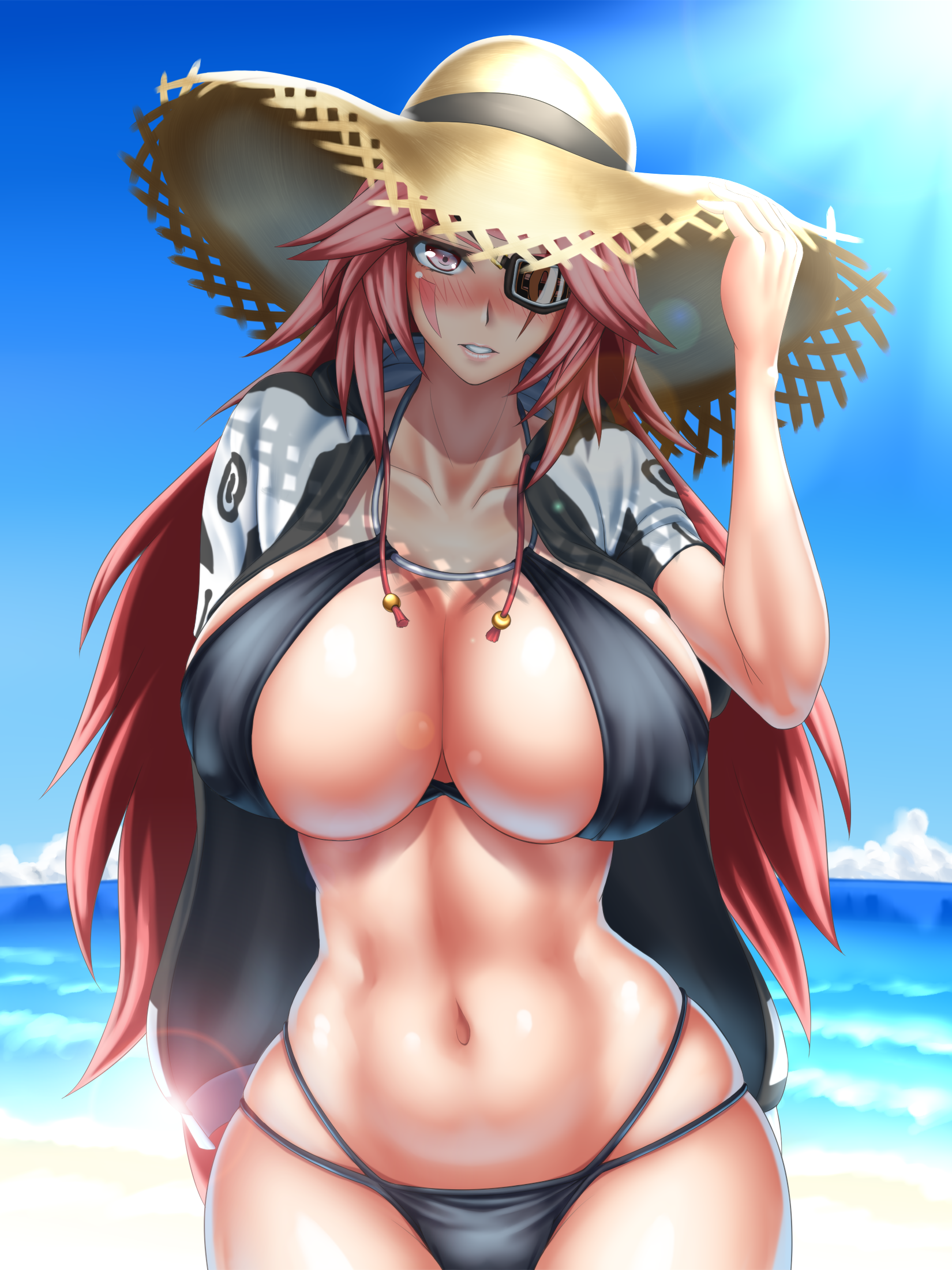 Anime 1650x2200 boobs big boobs bikini Baiken Guilty Gear Xrd anime girls straw hat long hair redhead eyepatches beach nipple bulge blushing