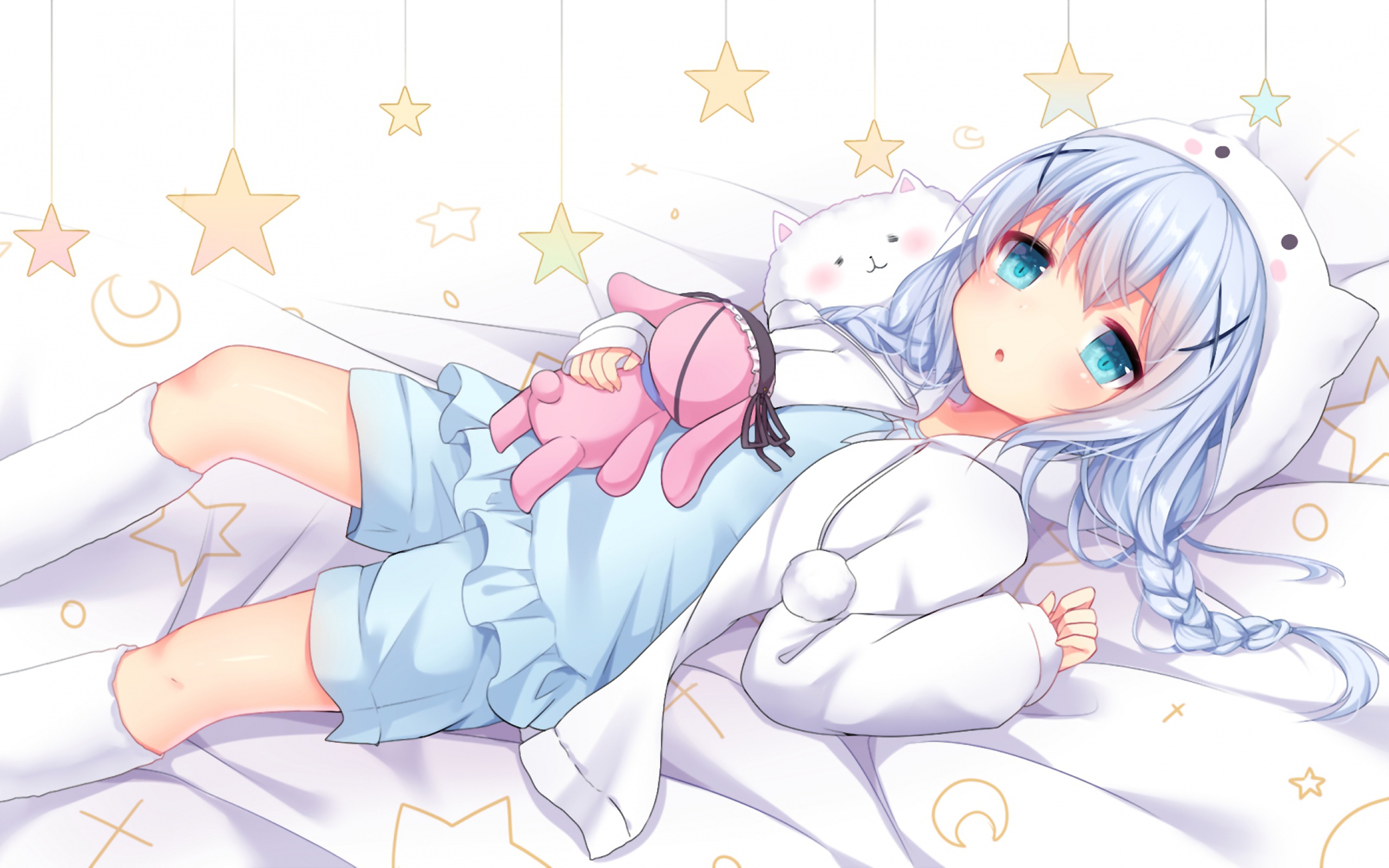 Anime 2560x1600 anime girls lying down bed stars teddy bears pyjamas loli Kafuu Chino Gochuumon wa Usagi Desu ka?