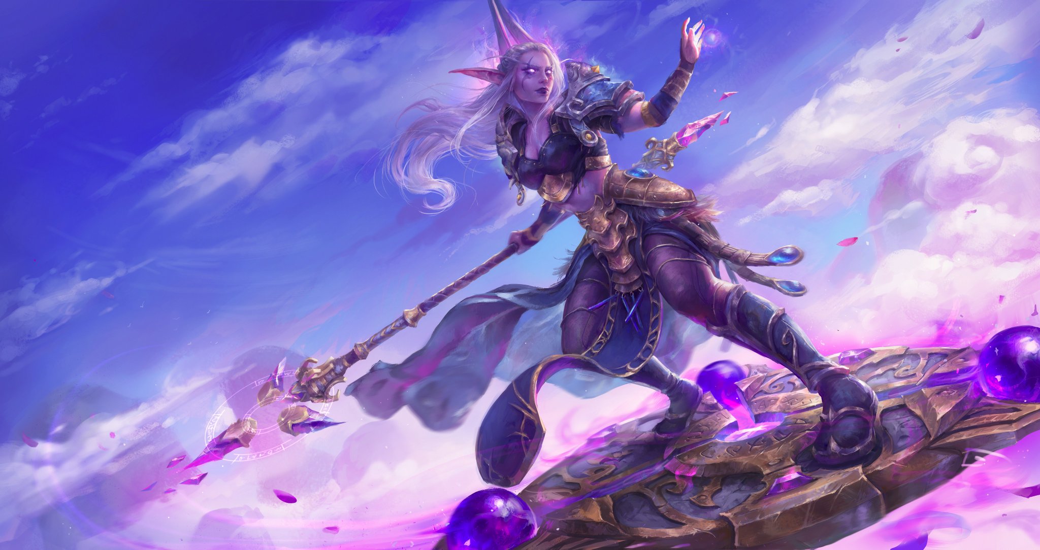 General 2048x1084 World of Warcraft night elves sorcerer white hair World of Warcraft: Legion staff magician PC gaming video game girls pointy ears fantasy art fantasy girl