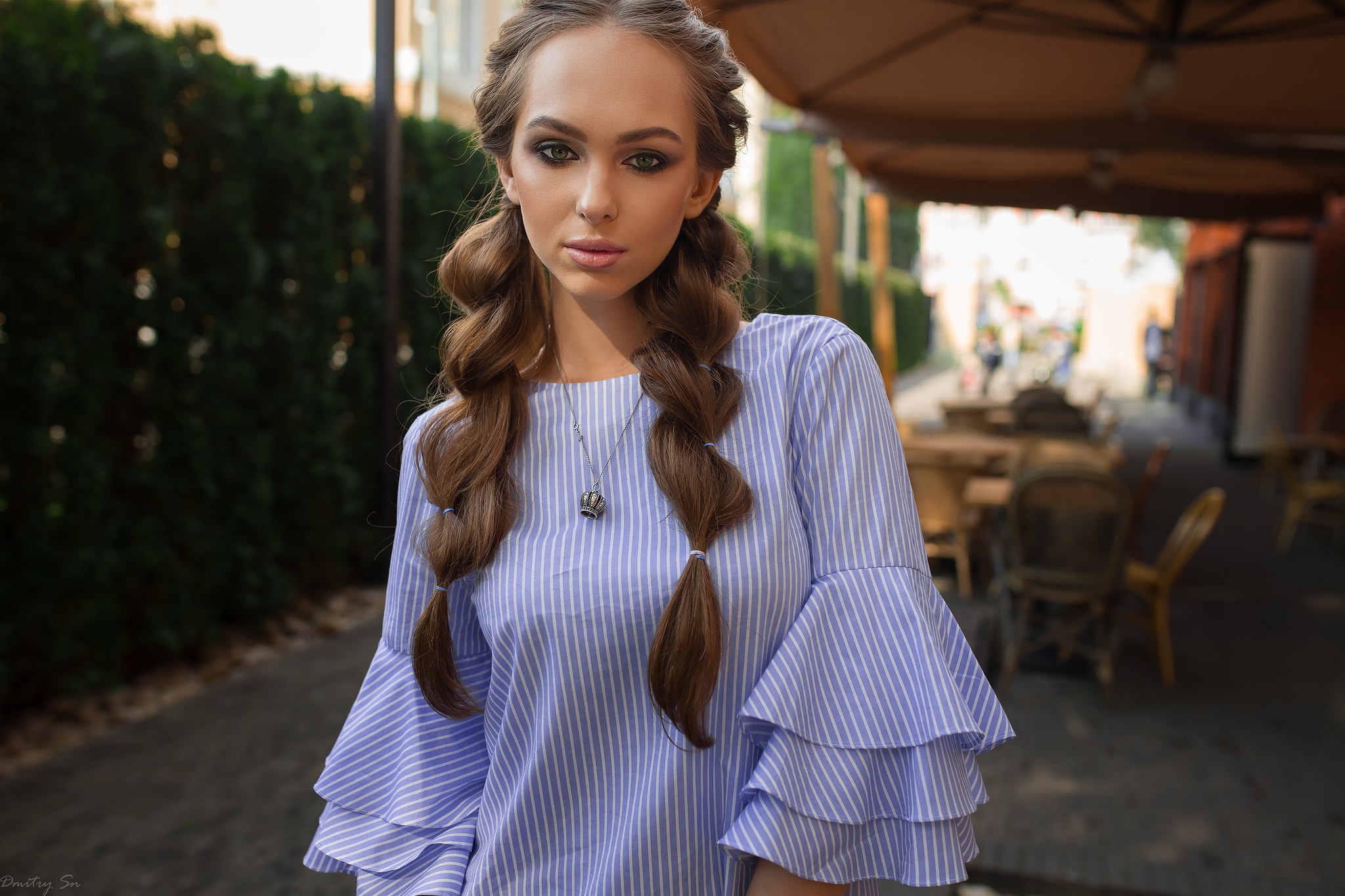 People 2048x1365 Dmitry Shulgin women long hair necklace Maria Vasilenko model brunette braids blue dress women outdoors