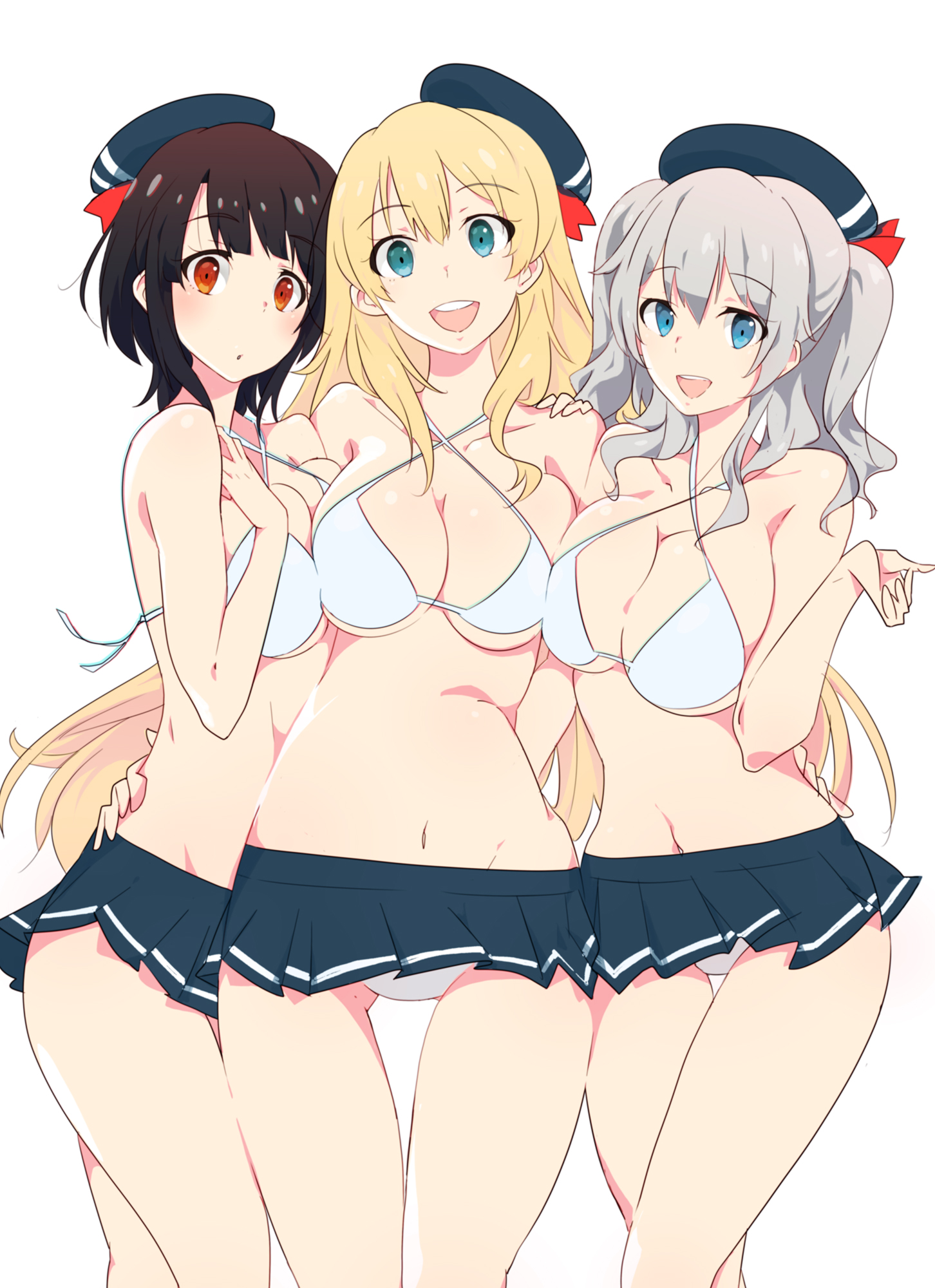 Anime 1452x2000 anime Kantai Collection blue bikini miniskirt simple background big boobs white bra group of women hat women trio boobs lined up boobs on boobs line-up looking at viewer smiling