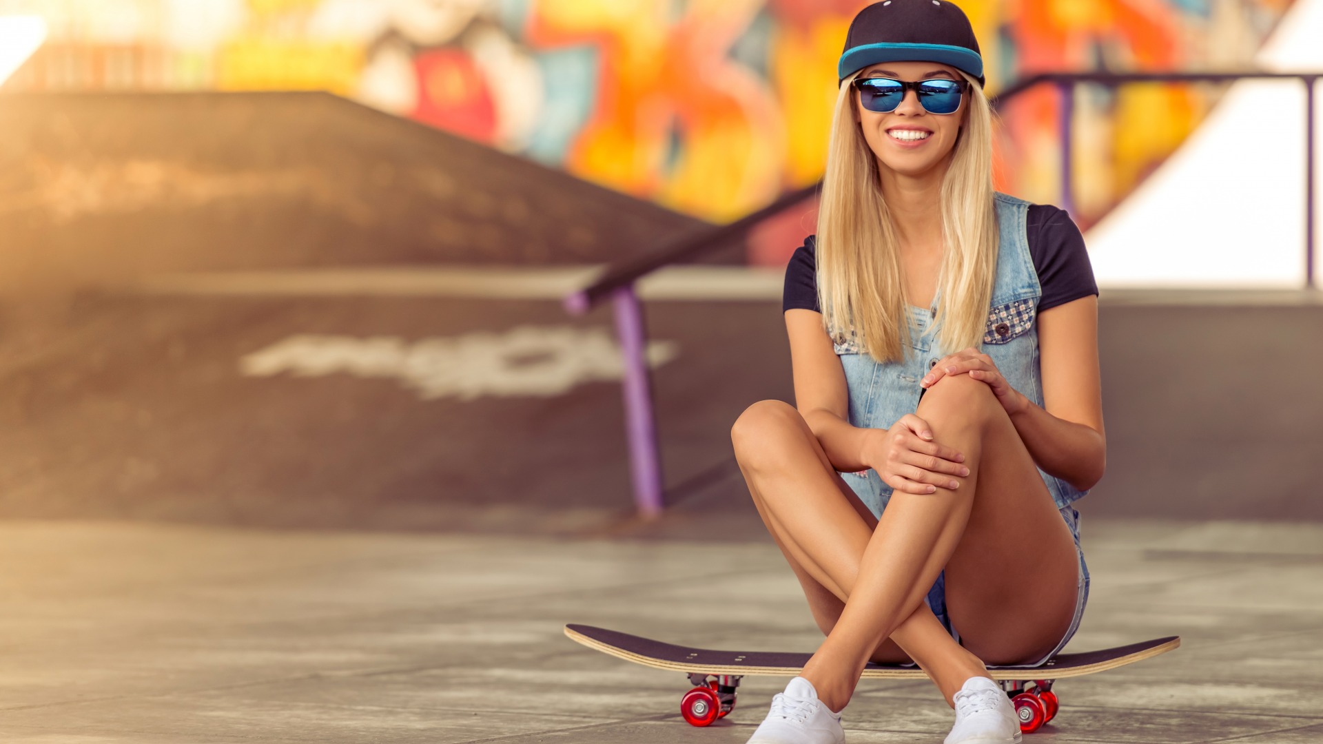 People 1920x1080 denim jacket skateboard blonde graffiti baseball cap sunglasses smiling women