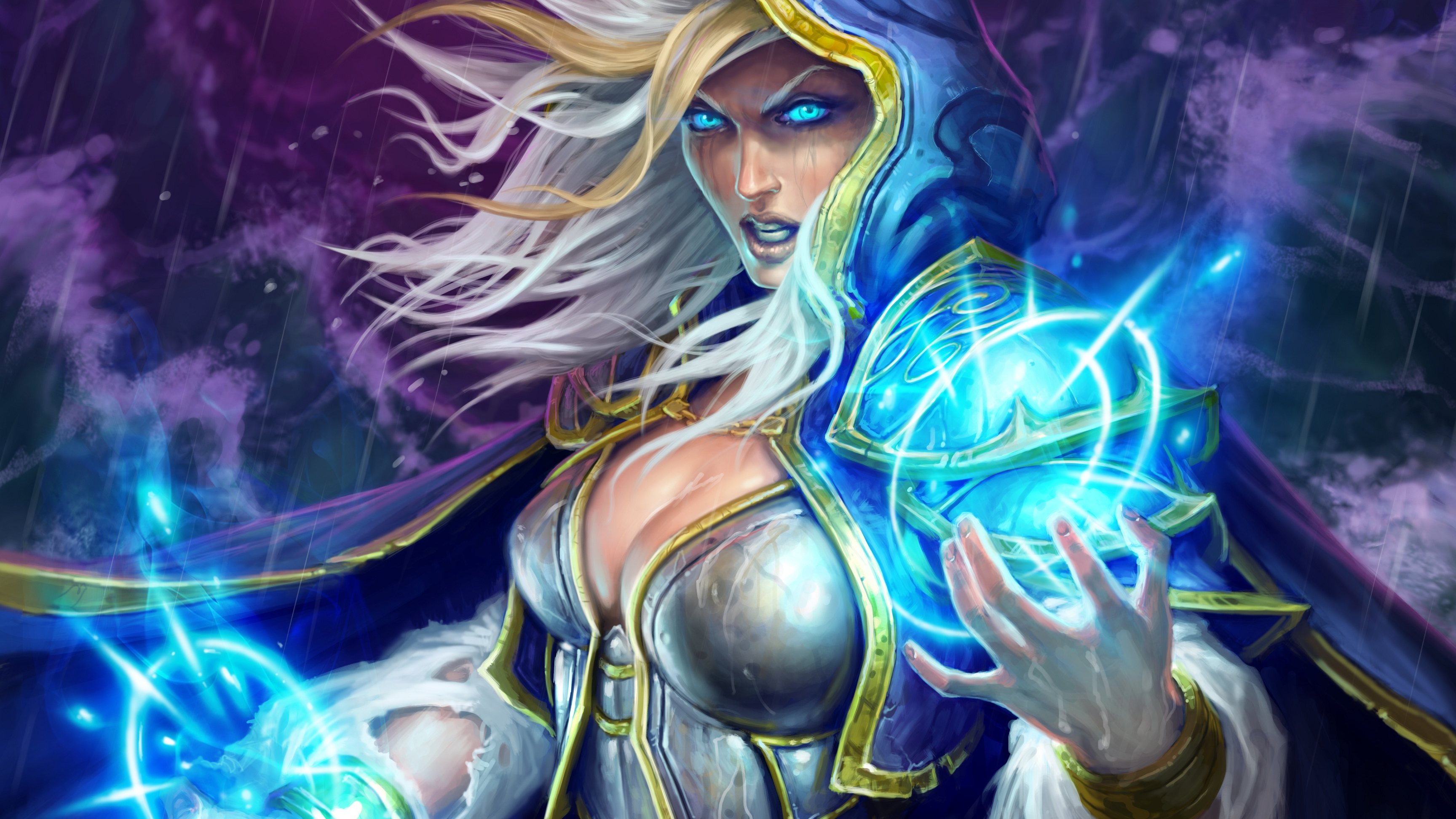 General 3456x1945 video games Hearthstone Warcraft digital art artwork Jaina Proudmoore magic cleavage blue eyes white hair World of Warcraft Blizzard Entertainment cyan