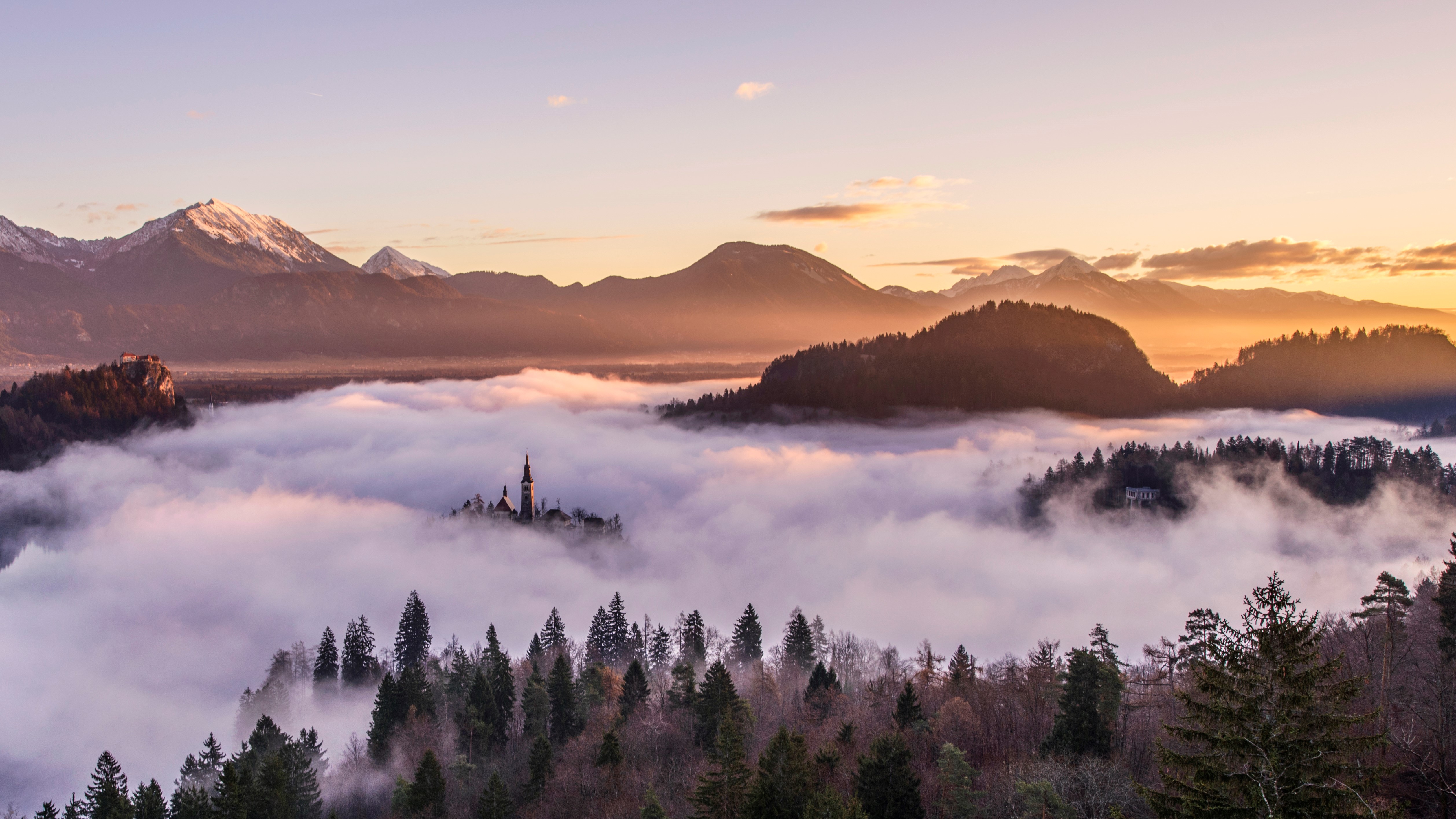 General 5031x2831 mist landscape mountains sky church forest snowy peak photography Slovenia trees Lake Bled island
