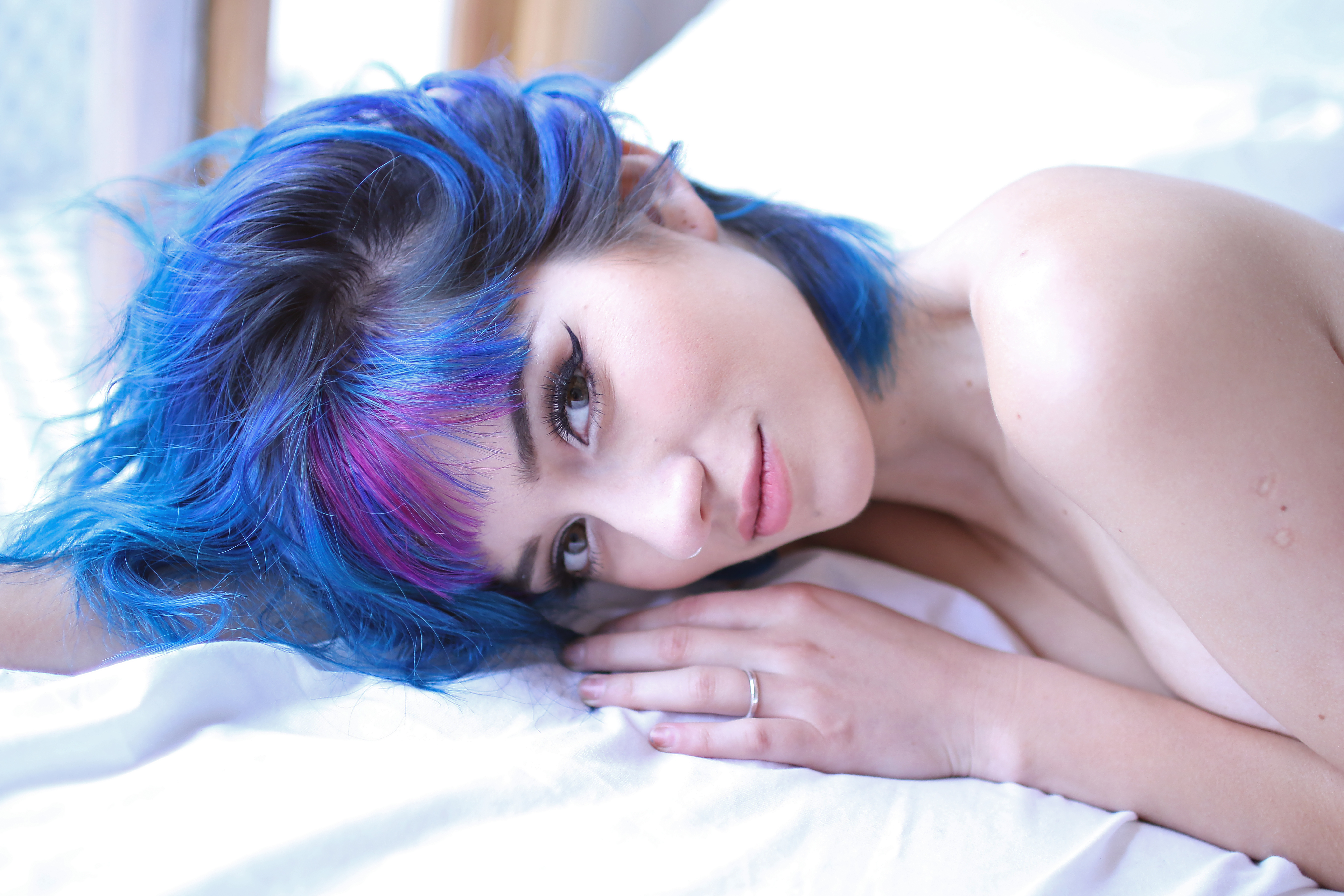 People 5472x3648 Fay Suicide model blue hair nose ring pierced nose Suicide Girls bare shoulders Latinas Chilean Chilean women women implied nude closeup looking at viewer multi-colored hair
