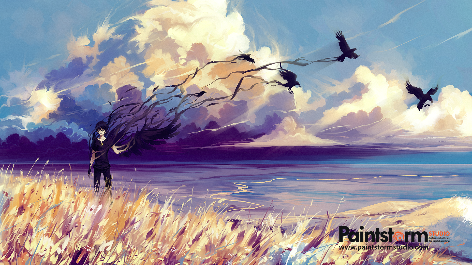 Anime 1920x1080 artwork digital art fantasy art birds crow black landscape