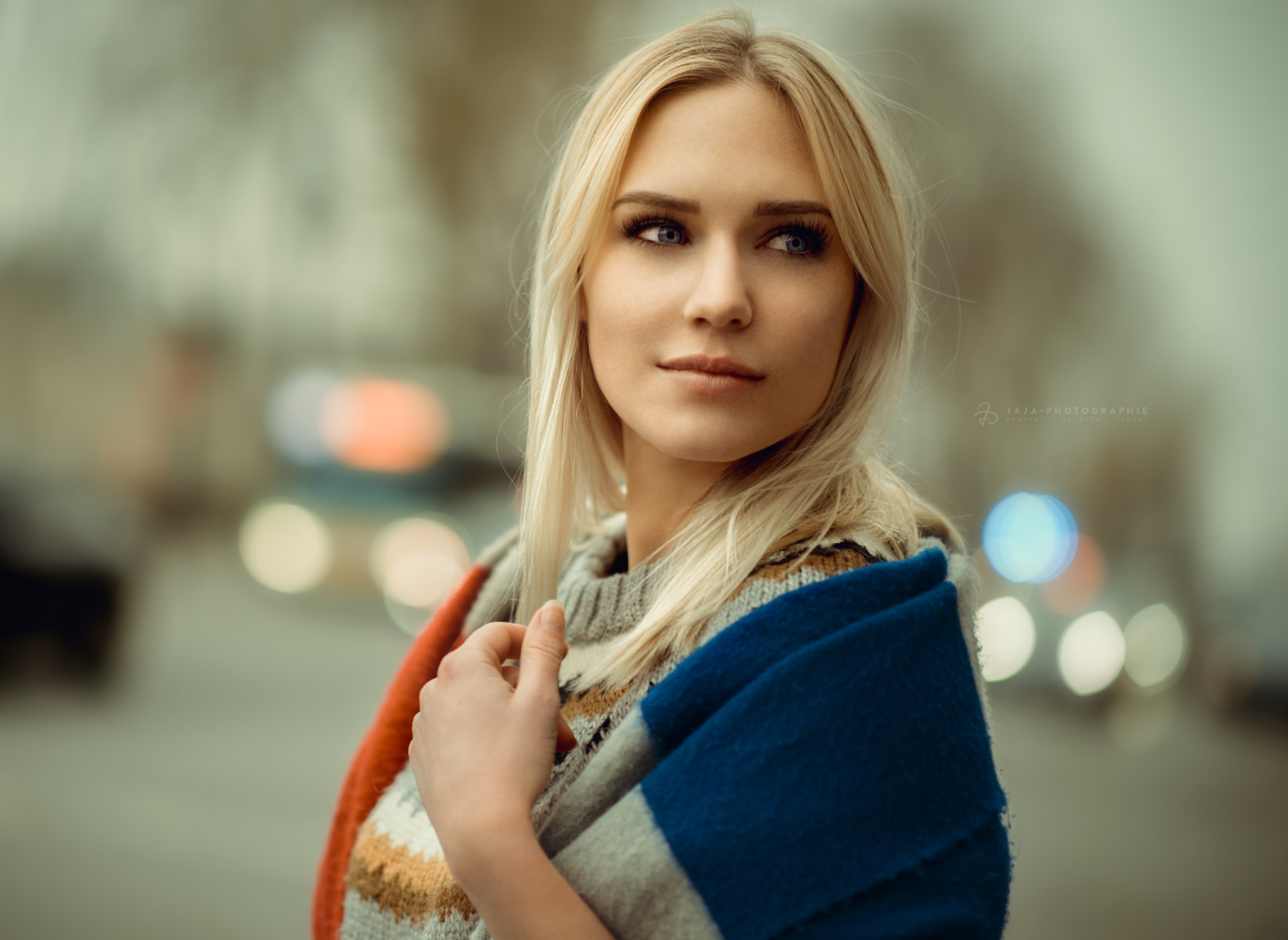 People 2048x1495 women blonde face portrait depth of field looking away blue eyes sweater Eva Mikulski