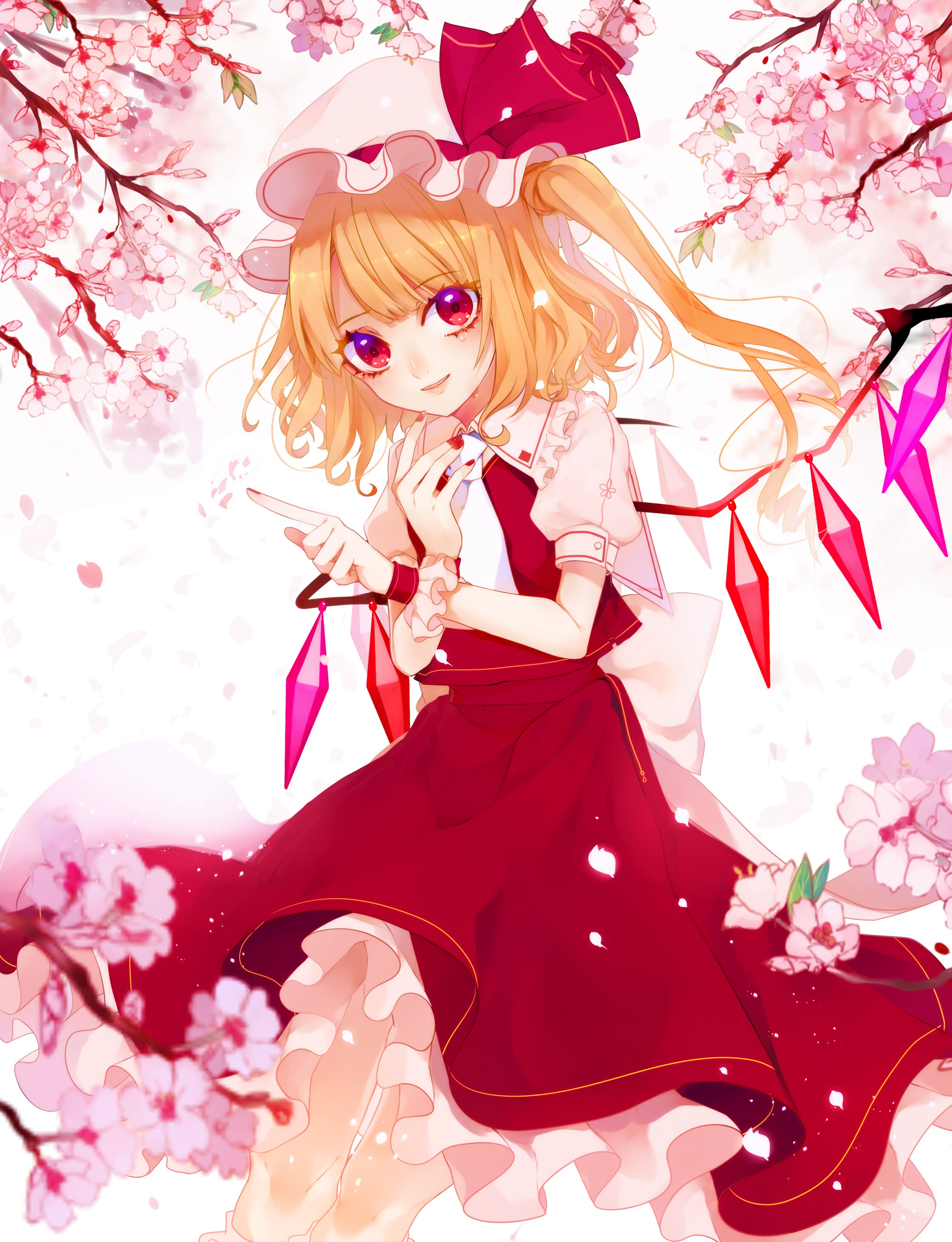 Anime 2300x3000 anime anime girls Flandre Scarlet dress wings Touhou red dress red clothing Pixiv blonde looking at viewer