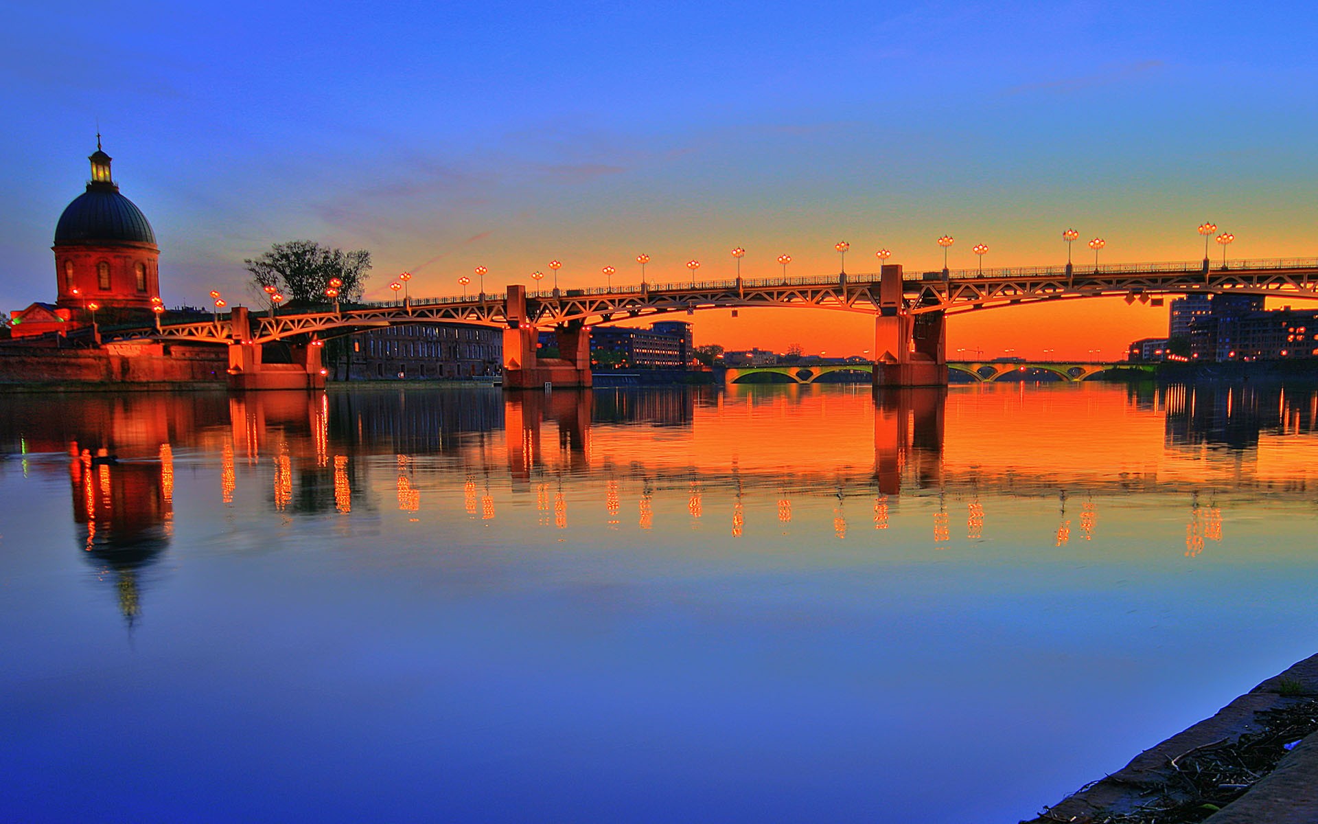 General 1920x1200 Toulouse Pont Saint-Pierre France Garonne bridge river sunset low light