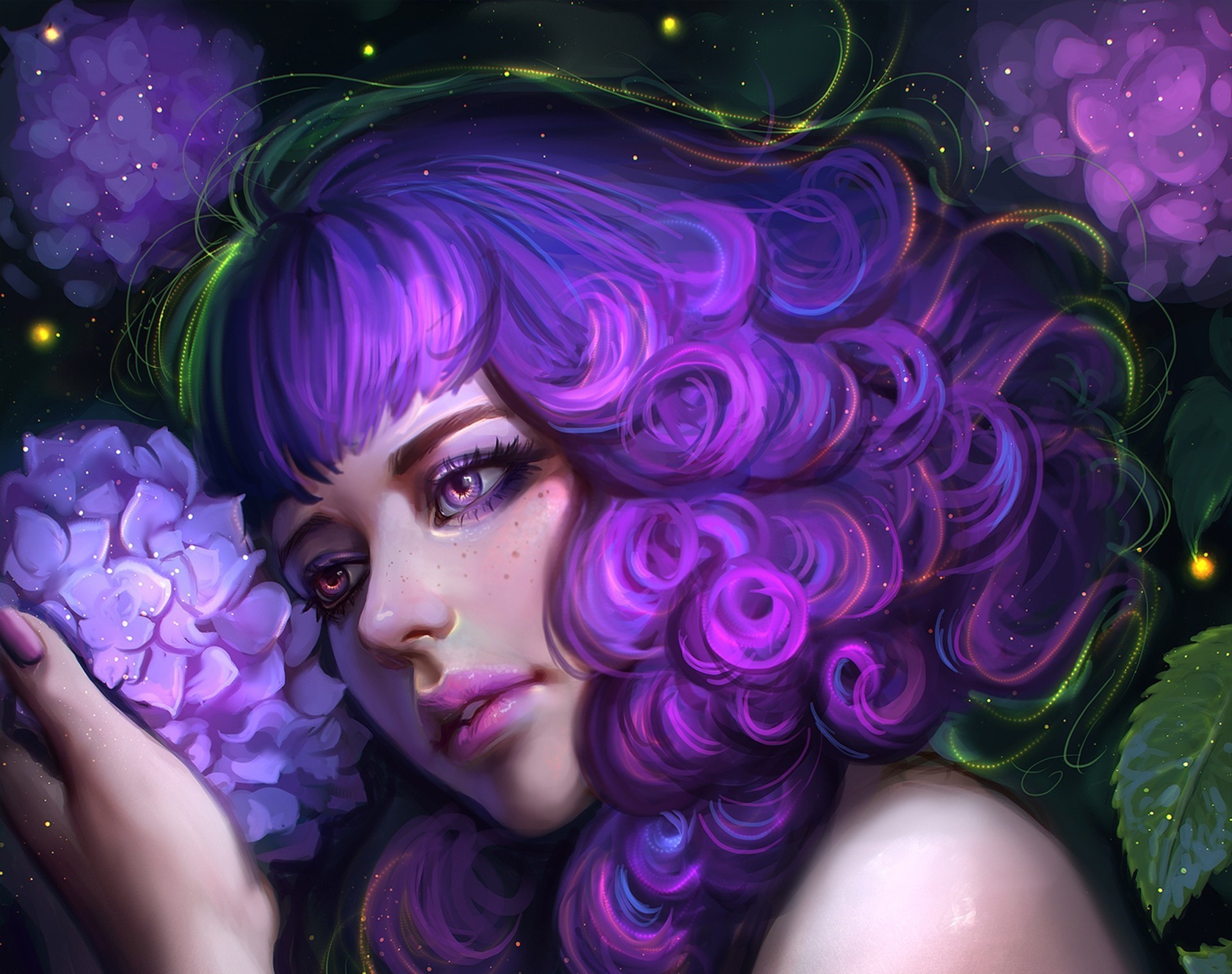 General 1920x1518 women fantasy art artwork purple hair curly hair purple eyes purple flowers digital art