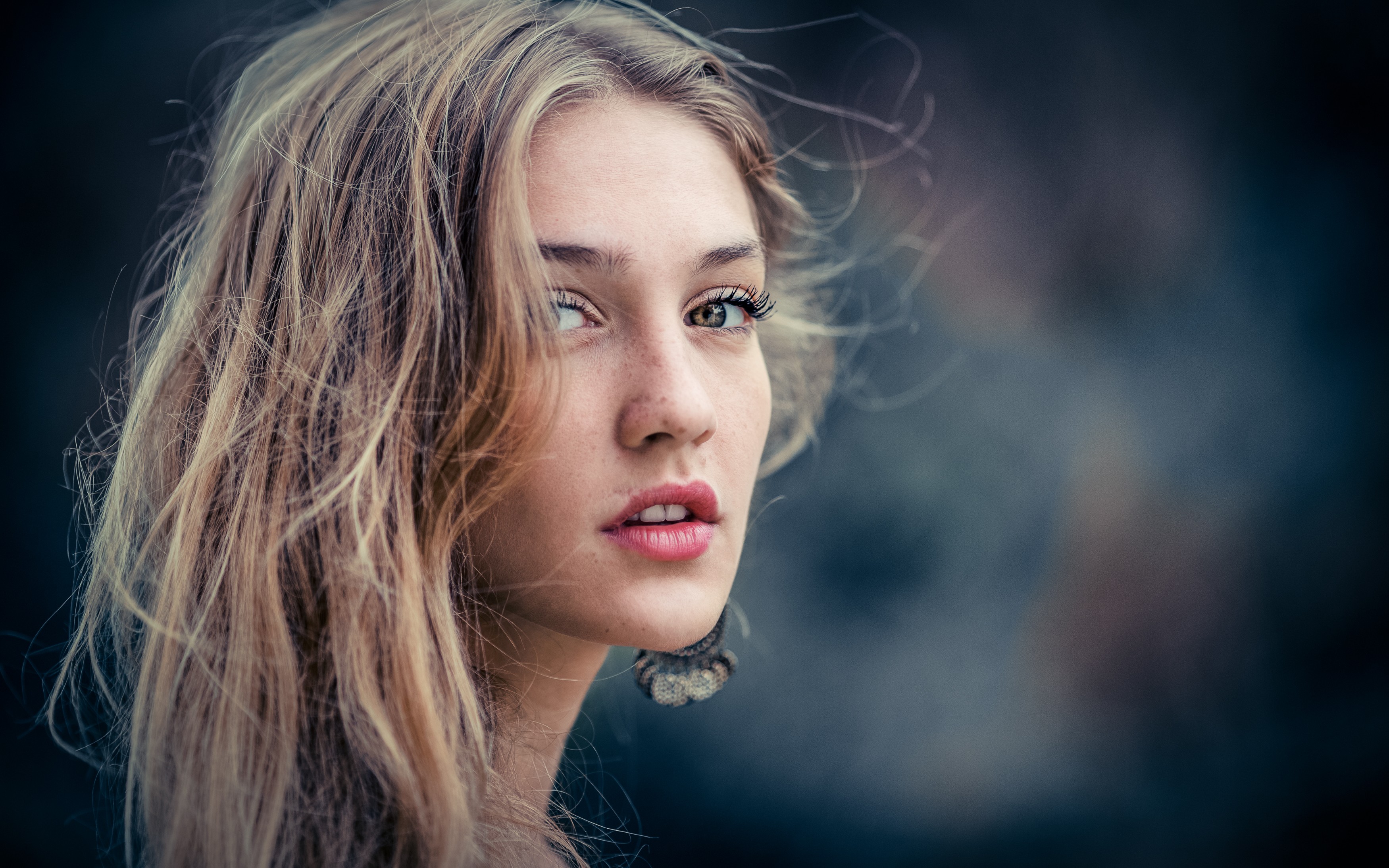 People 3500x2188 women long hair looking at viewer depth of field model face blonde eyes open mouth wavy hair brown eyes freckles portrait earring red lipstick hair blowing in the wind long eyelashes