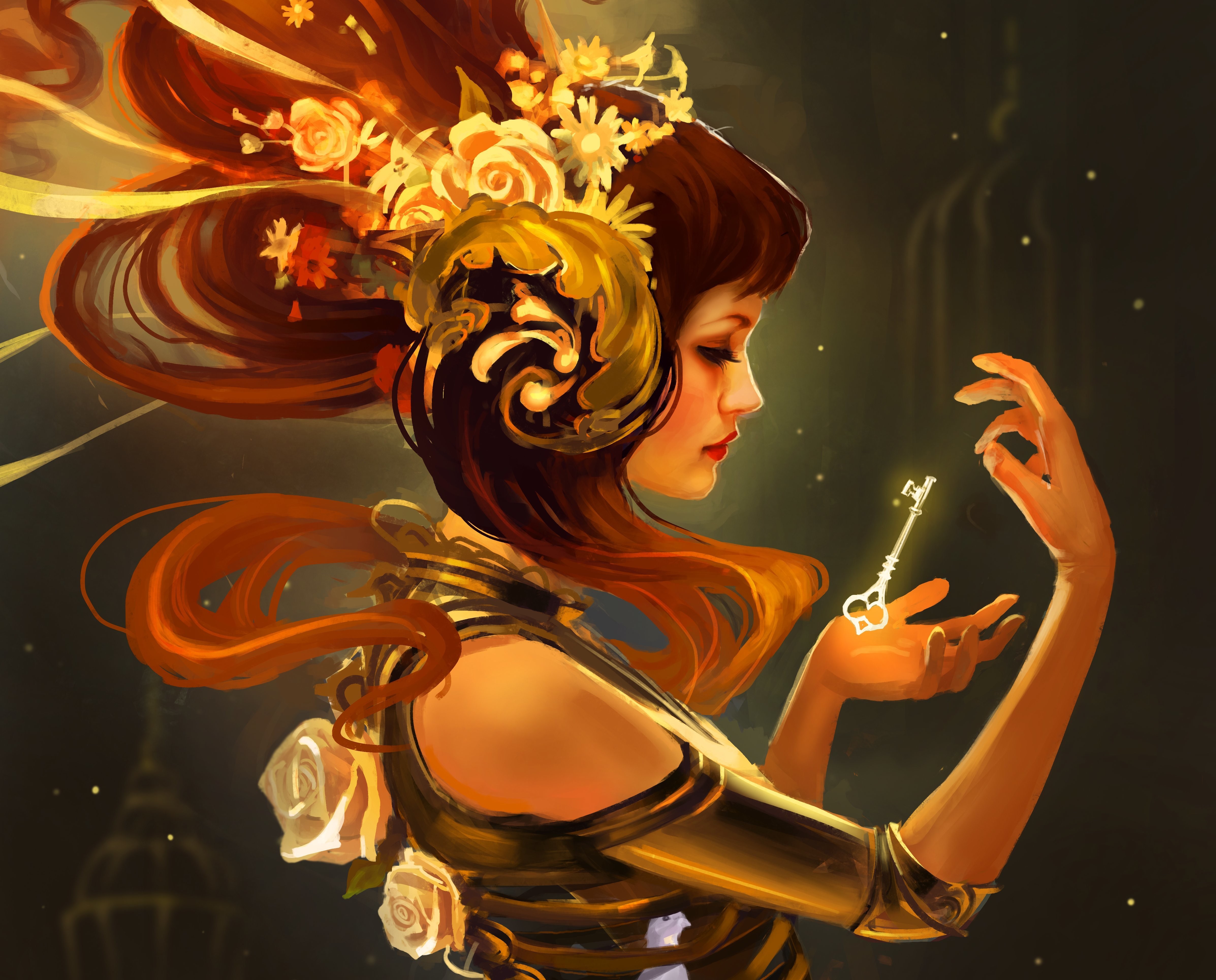 General 4787x3858 fantasy art keys women gold headdress redhead long hair face fantasy girl