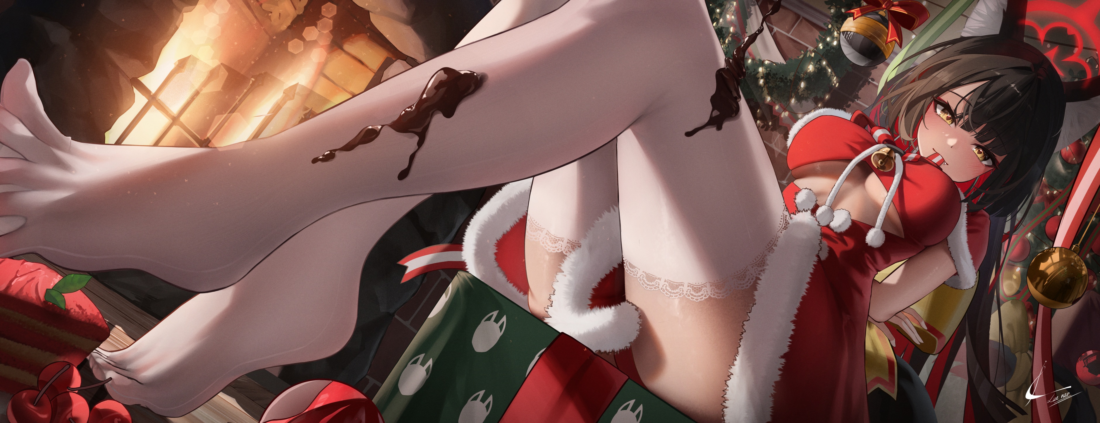 Anime 3760x1446 Blue Archive Christmas anime girls stockings white stockings bells Christmas clothes food Christmas presents no bra underboob watermarked yellow eyes animal ears looking at viewer thighs chocolate Santa costume brunette short hair signature heart eyes arm(s) behind back ribbon Kosaka Wakamo (Blue Archive) LueNar fireplace cake dress fruit sitting women indoors big boobs cherries Christmas ornaments 