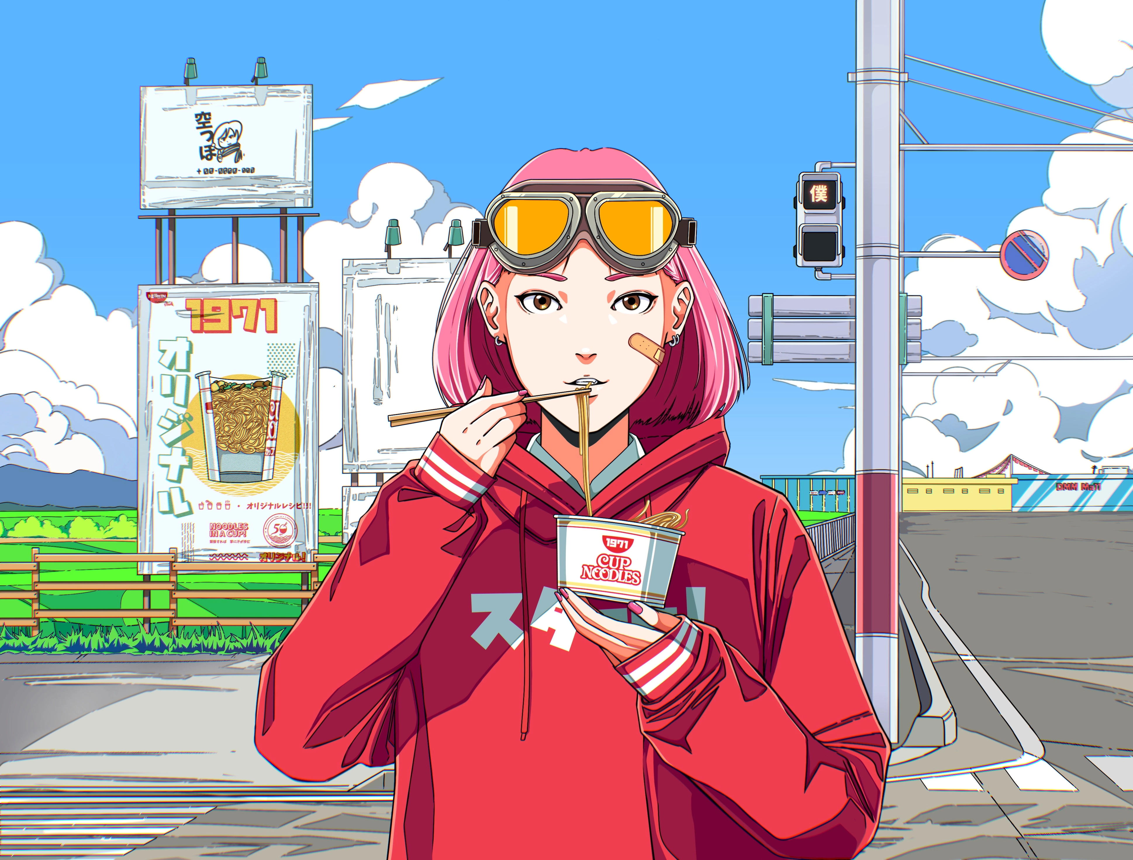 Anime 3876x2943 digital art artwork illustration street clouds women earring pink hair eating looking at viewer traffic lights noodles anime girls sky signs food band-aid cup Japanese chopsticks hoods goggles road outdoors women outdoors