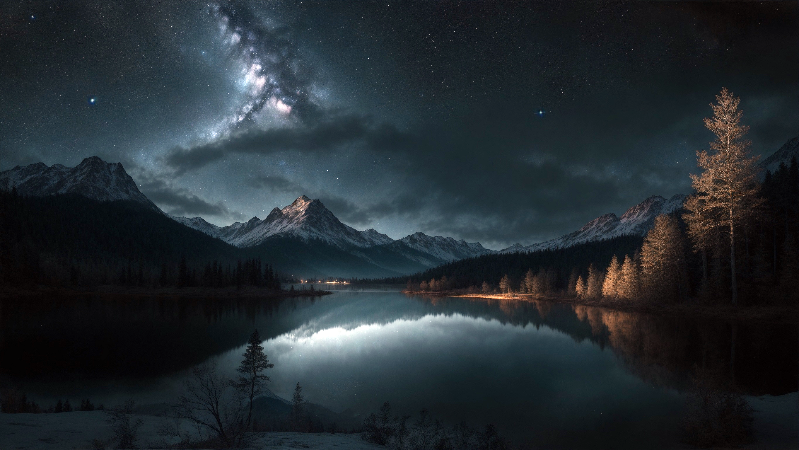 General 2728x1536 landscape trees night stars galaxy sky water mountains reflection AI art