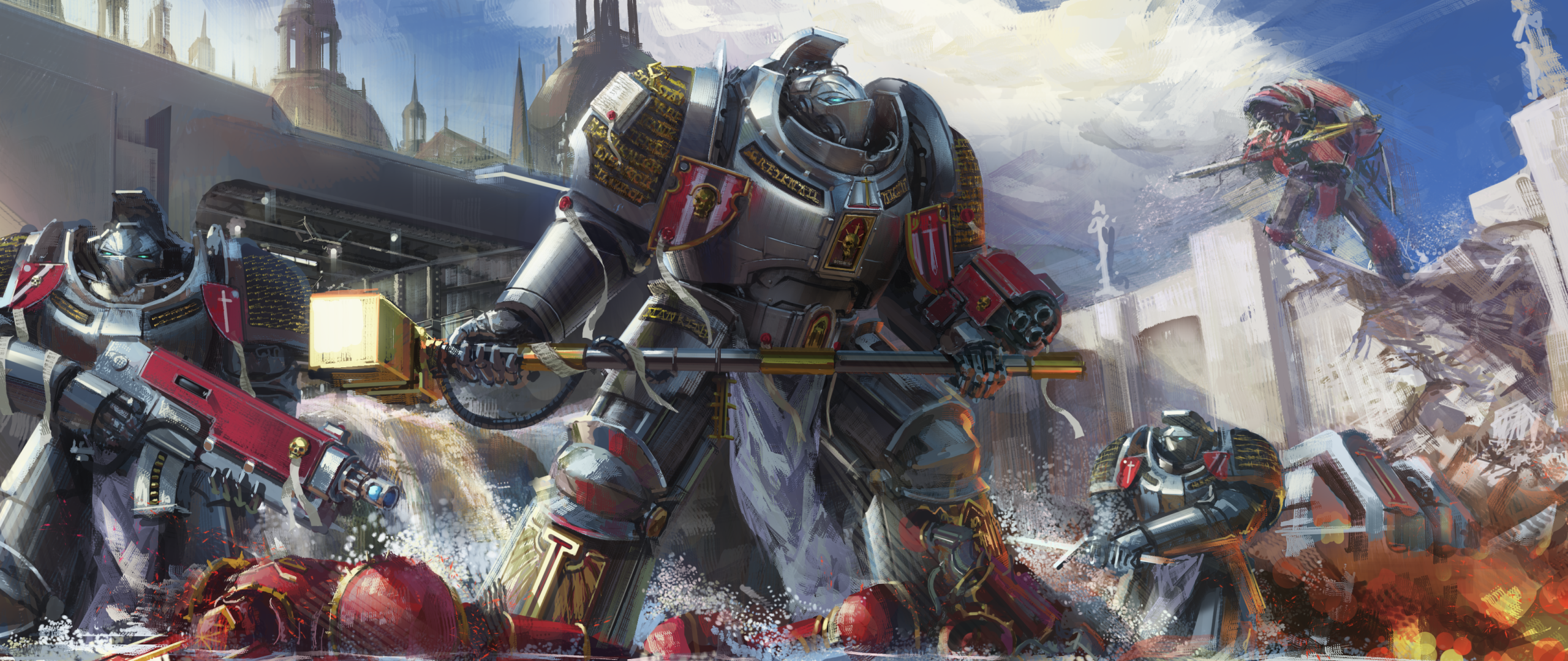 General 2560x1080 Warhammer 30,000 Warhammer 40,000 Warhammer space marines psyker magic science fiction technology sword blades gun bolter Inquisition power armor hammer silver gold shield city Adeptus Astartes Grey Knight space clouds sky armor video game characters blue golden hammer video games