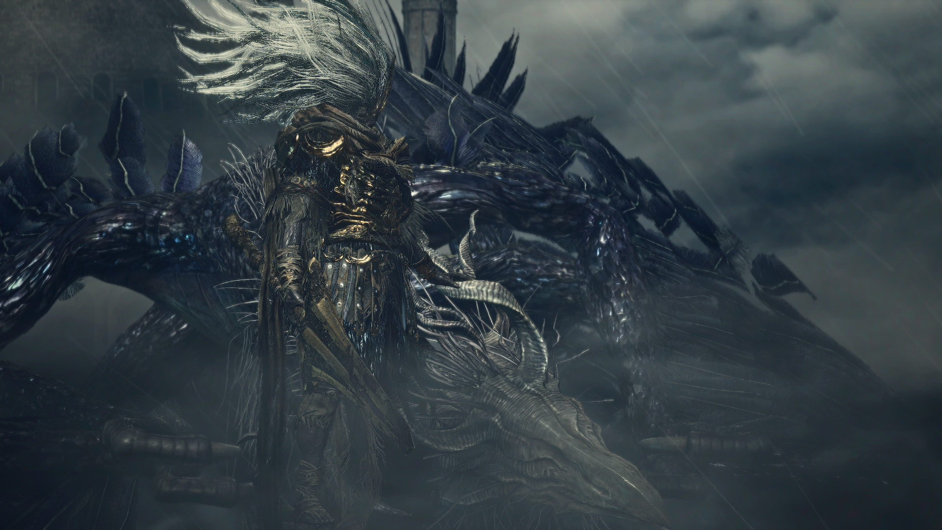 General 1920x1080 Dark Souls III Dark Souls From Software armor video games weapon video game art screen shot video game characters CGI standing rain mist clouds Nameless King